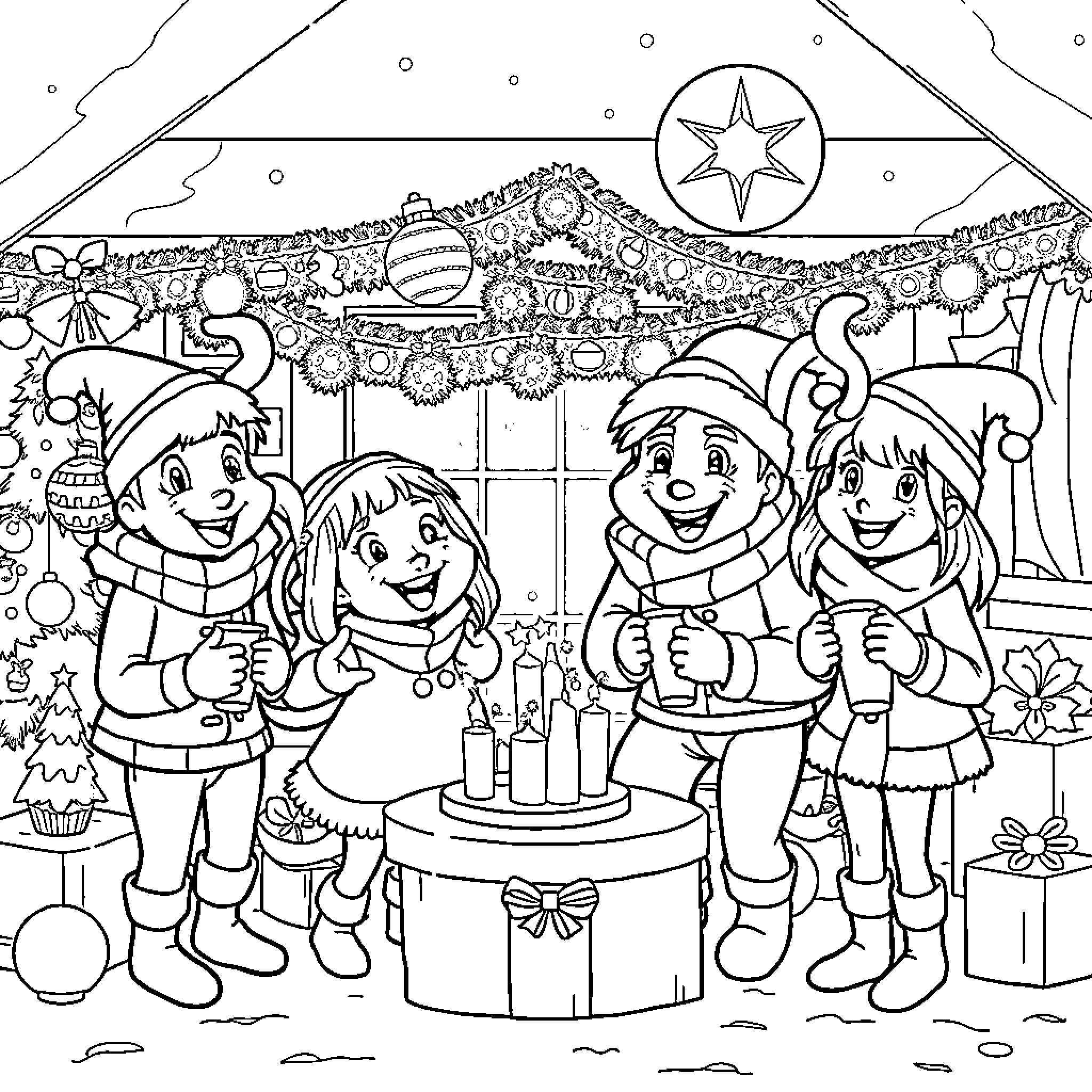 Huntrix's Festive Celebration with Friends Coloring Page (free black-and-white line drawing printable PDF for all, from beginners to advanced learners, including children, teens, adults, and seniors)