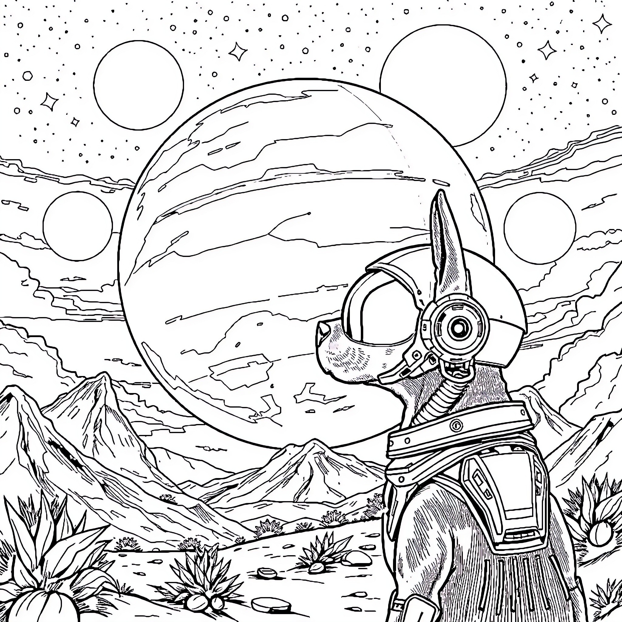 Cyborg Exploring Alien Landscape Coloring Page (free black-and-white line drawing printable PDF for all, from beginners to advanced learners, including children, teens, adults, and seniors)