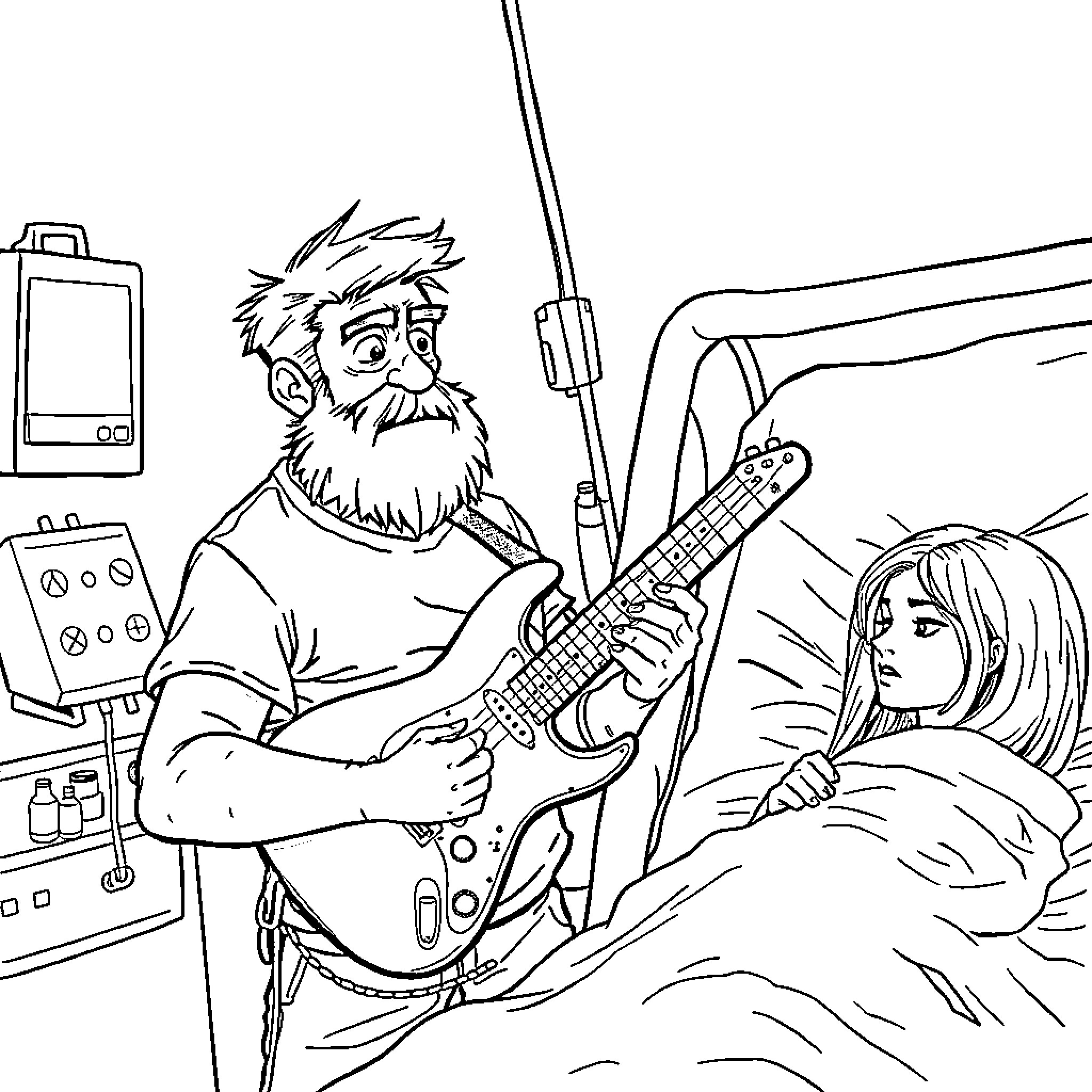 Man playing guitar for hospitalized patient Coloring Page (free black-and-white line drawing printable PDF for all, from beginners to advanced learners, including children, teens, adults, and seniors)