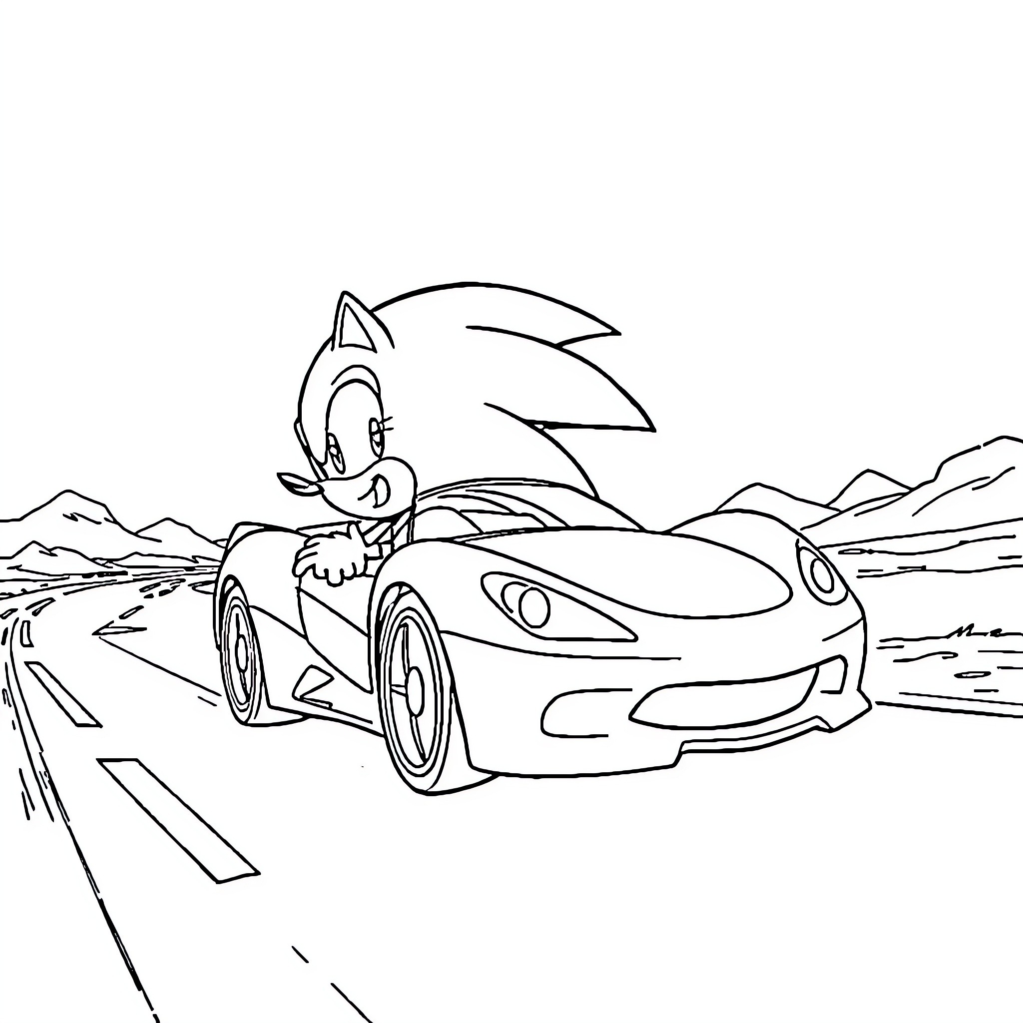 Sonic's speedy drive through the countryside Coloring Page (free black-and-white line drawing printable PDF for all, from beginners to advanced learners, including children, teens, adults, and seniors)