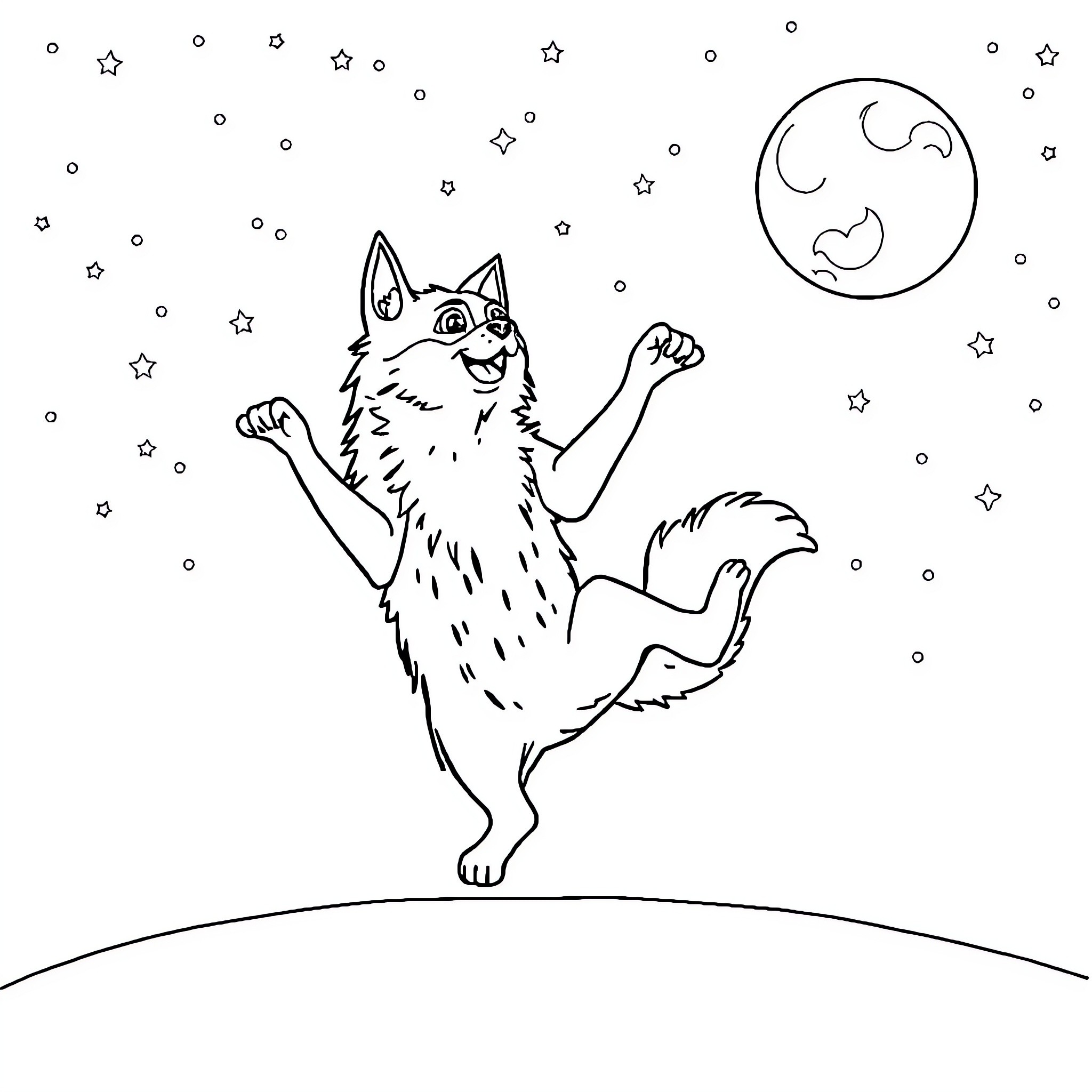 Perro playing under the moon Coloring Page (free black-and-white line drawing printable PDF for all, from beginners to advanced learners, including children, teens, adults, and seniors)