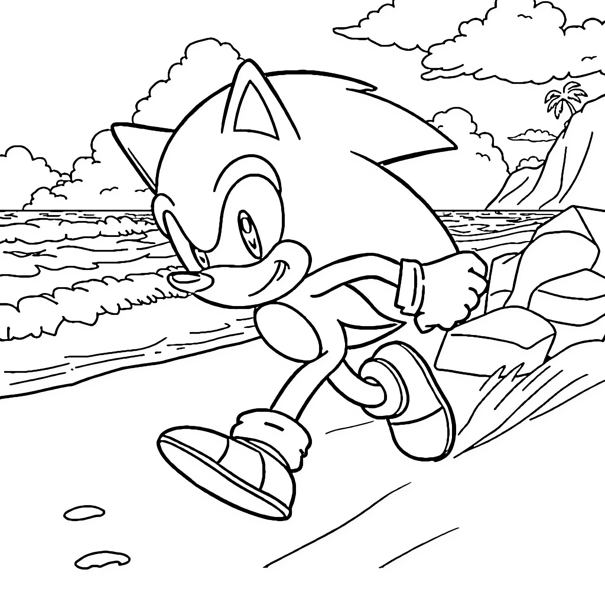 Sonic running on the beach Coloring Page (free black-and-white line drawing printable PDF for all, from beginners to advanced learners, including children, teens, adults, and seniors)