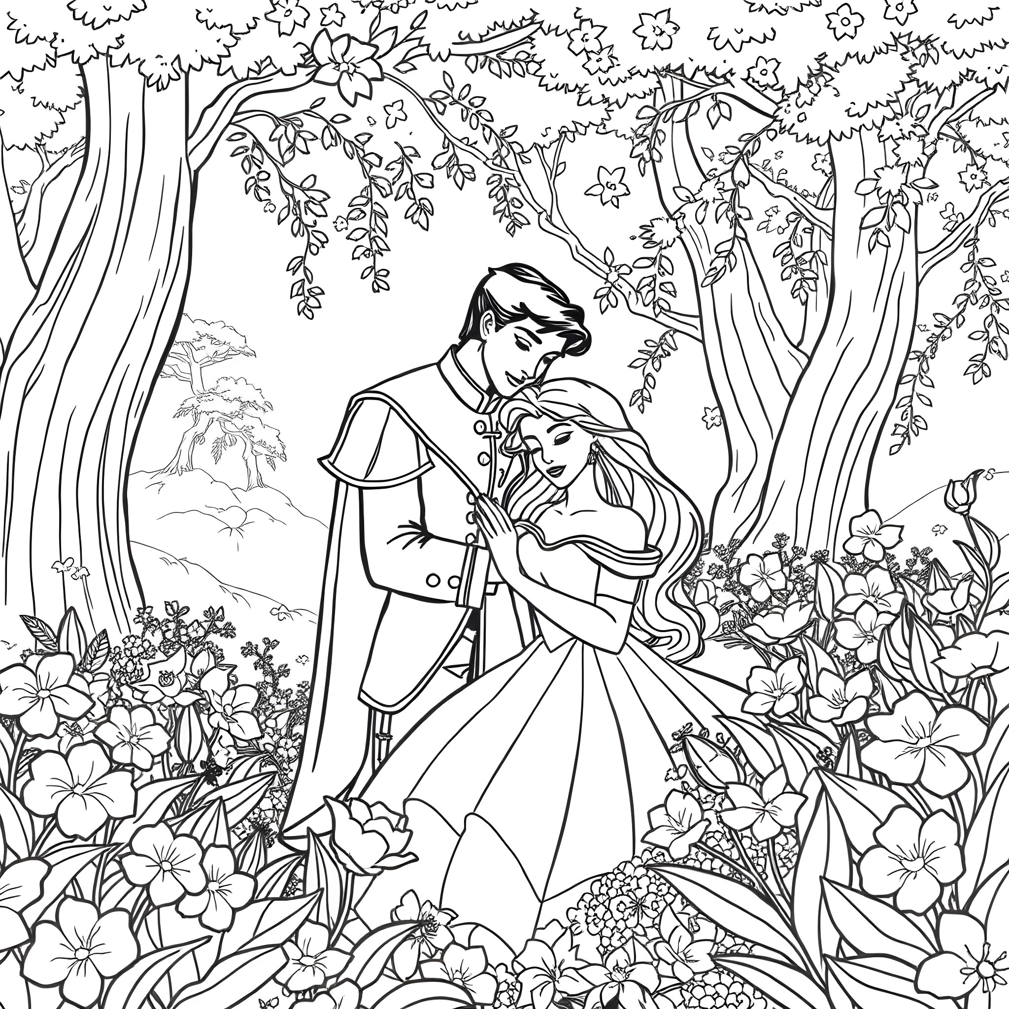 Sleeping Beauty in a magical garden Coloring Page (free black-and-white line drawing printable PDF for all, from beginners to advanced learners, including children, teens, adults, and seniors)