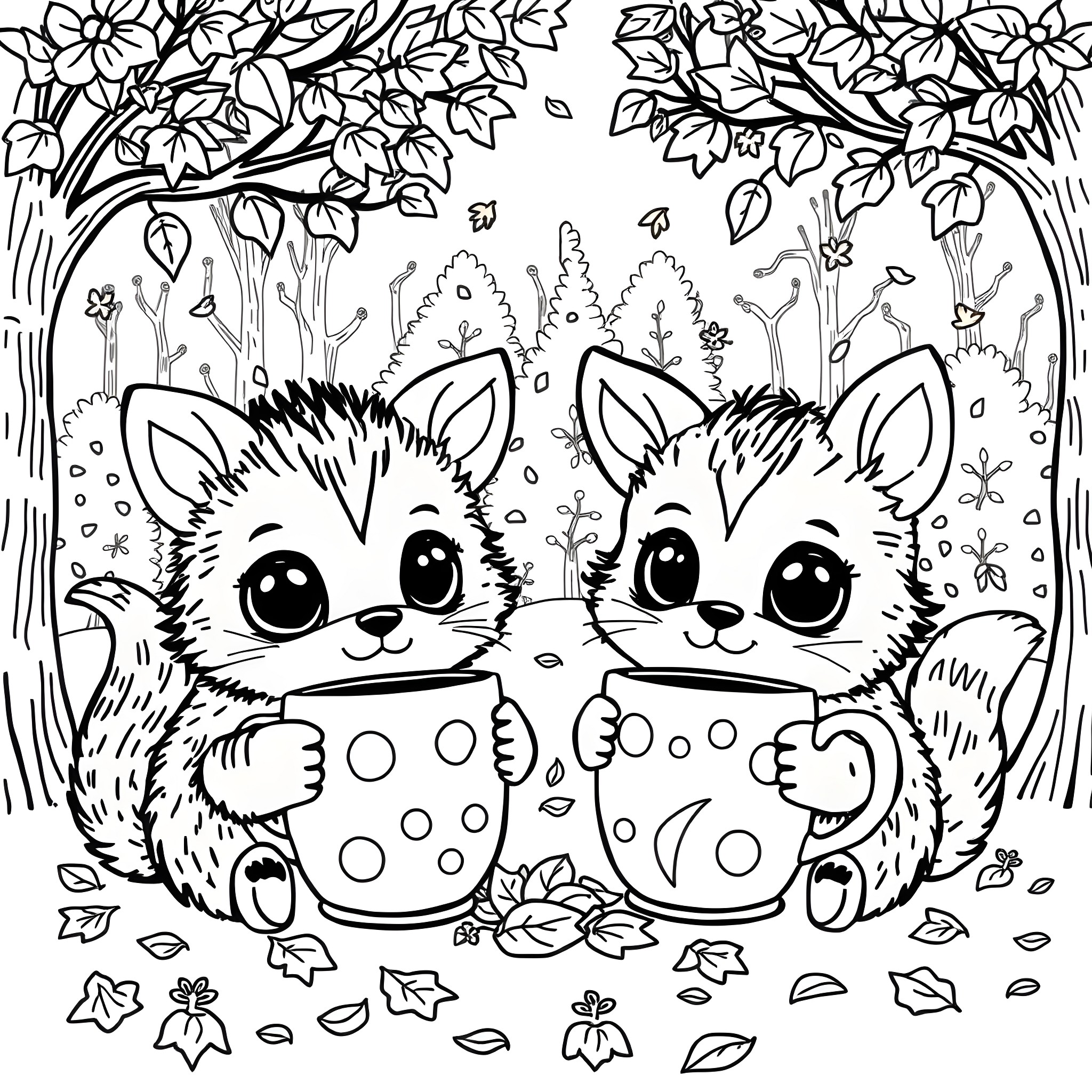 Kawaii Animal Kittens Drinking Beverages in Floral Forest Coloring Page (free black-and-white line drawing printable PDF for all, from beginners to advanced learners, including children, teens, adults, and seniors)