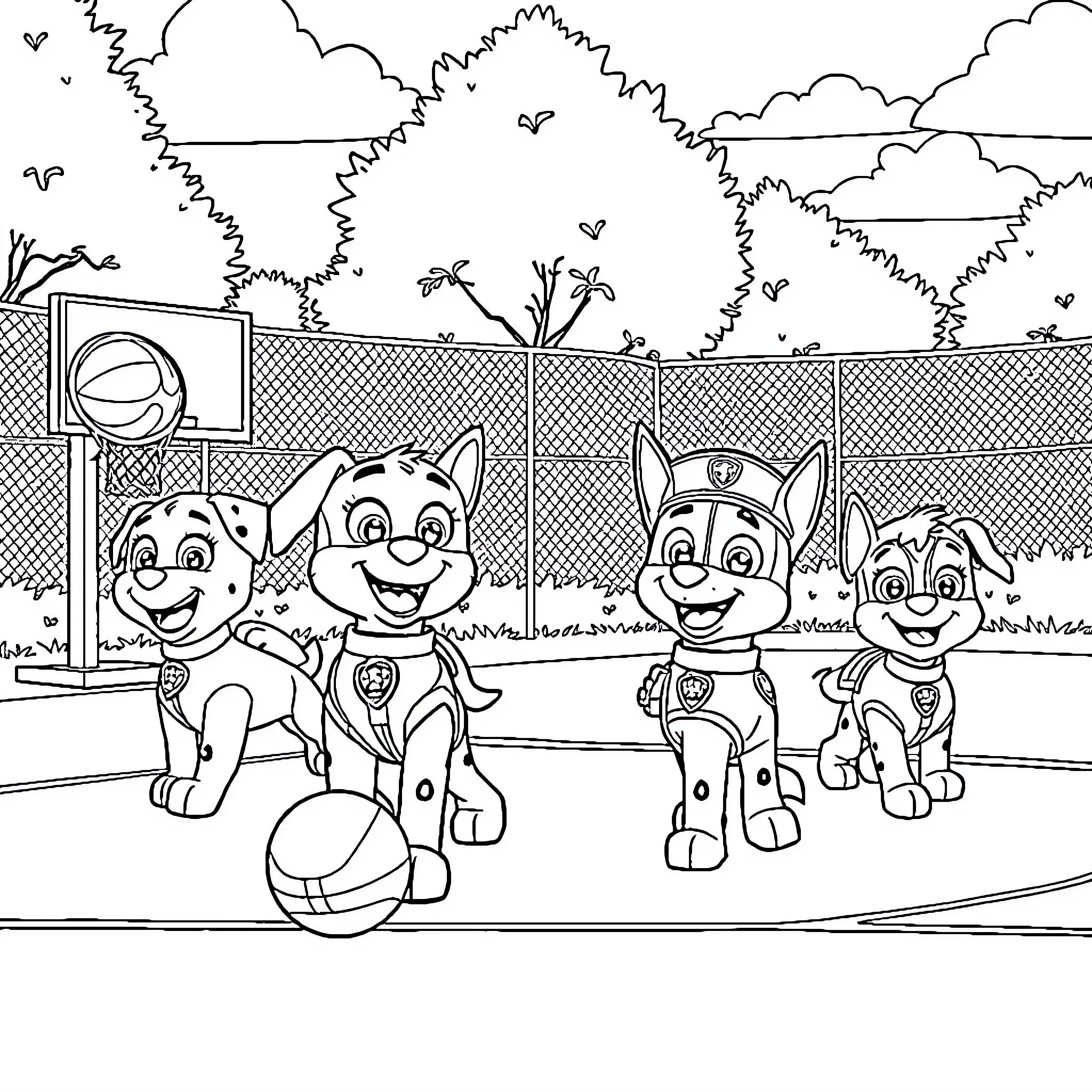 Paw Patrol pups playing basketball in the park Coloring Page (free black-and-white line drawing printable PDF for all, from beginners to advanced learners, including children, teens, adults, and seniors)