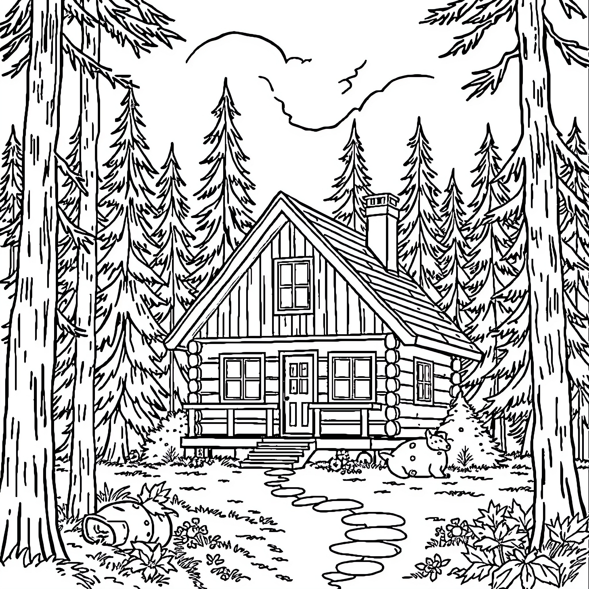 Cabin in the Serene Forest Landscape Coloring Page (free black-and-white line drawing printable PDF for all, from beginners to advanced learners, including children, teens, adults, and seniors)
