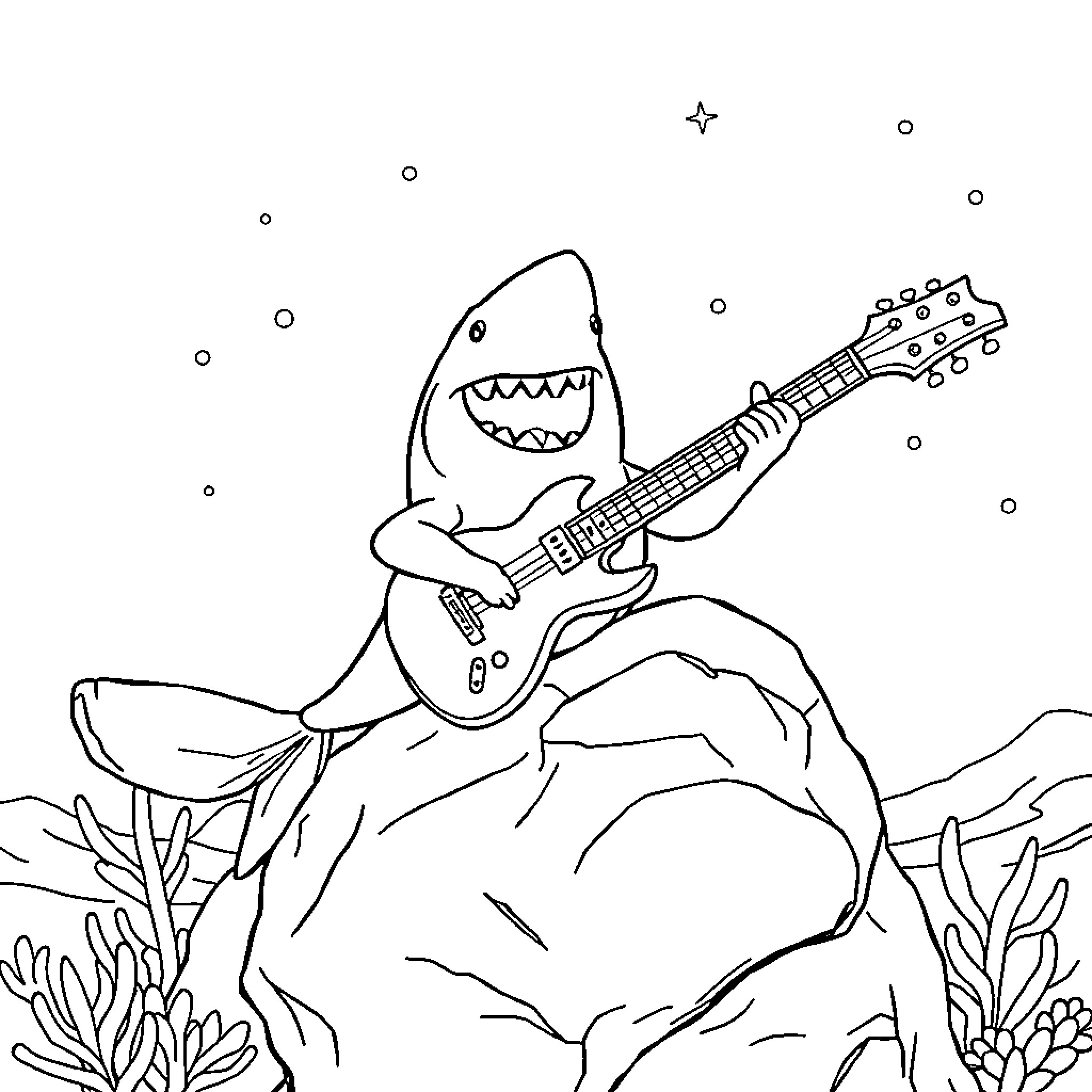 Shark playing guitar on the rocks Coloring Page (free black-and-white line drawing printable PDF for all, from beginners to advanced learners, including children, teens, adults, and seniors)