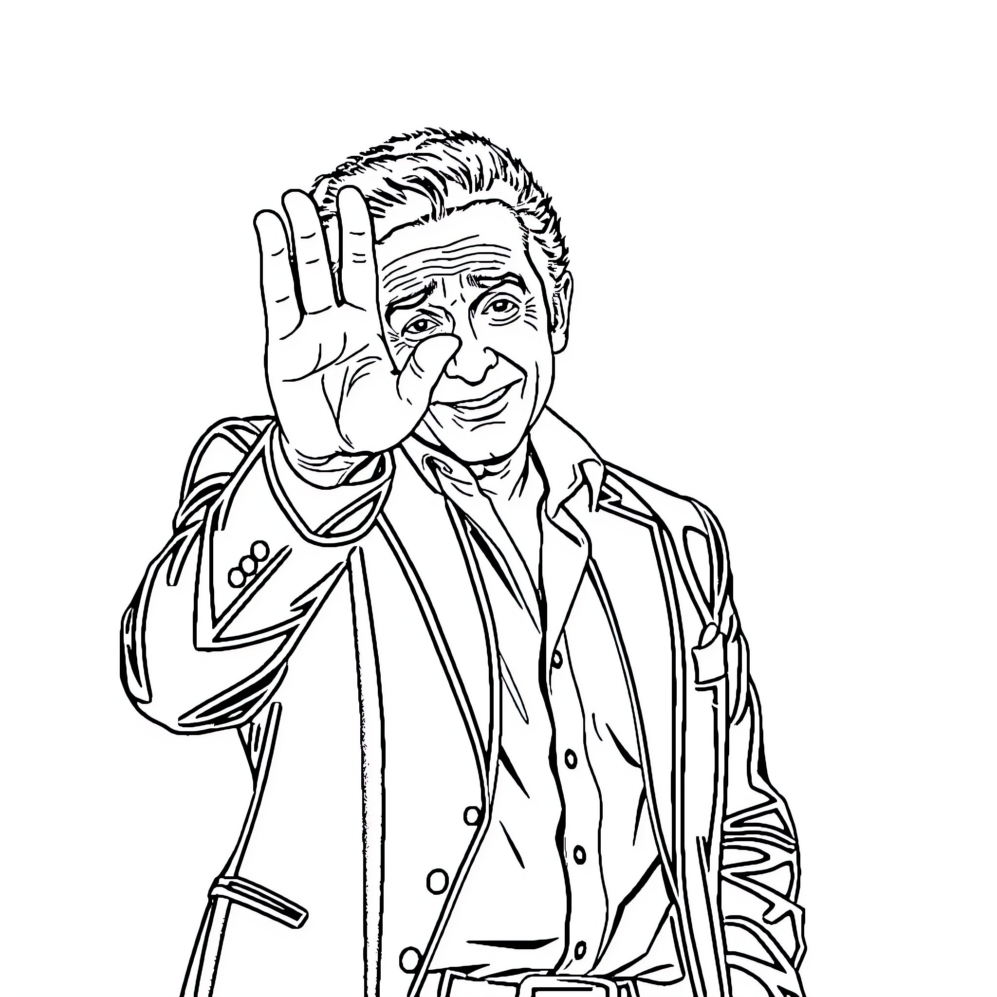Johnny Cash waving and smiling in a suit Coloring Page (free black-and-white line drawing printable PDF for all, from beginners to advanced learners, including children, teens, adults, and seniors)