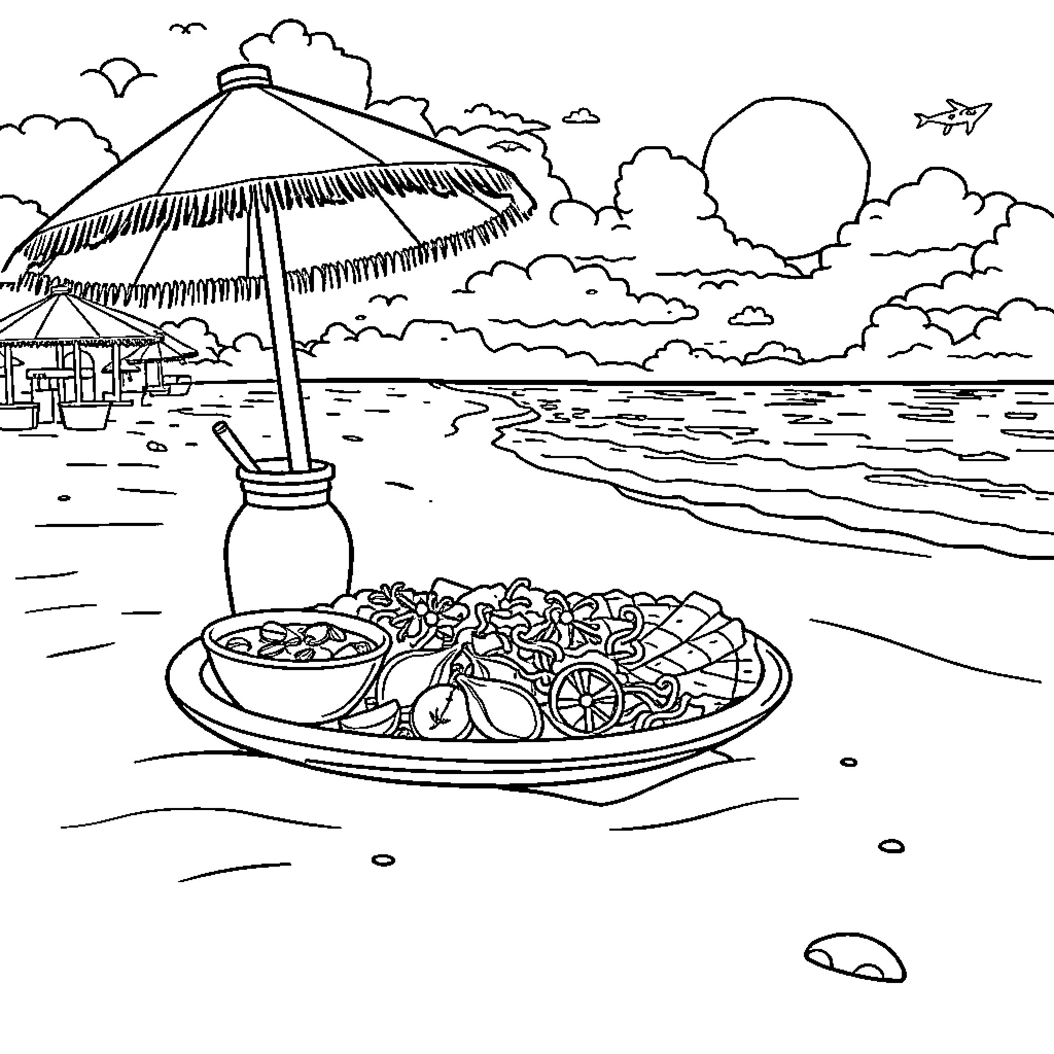 Food served at the beachside restaurant Coloring Page (free black-and-white line drawing printable PDF for all, from beginners to advanced learners, including children, teens, adults, and seniors)