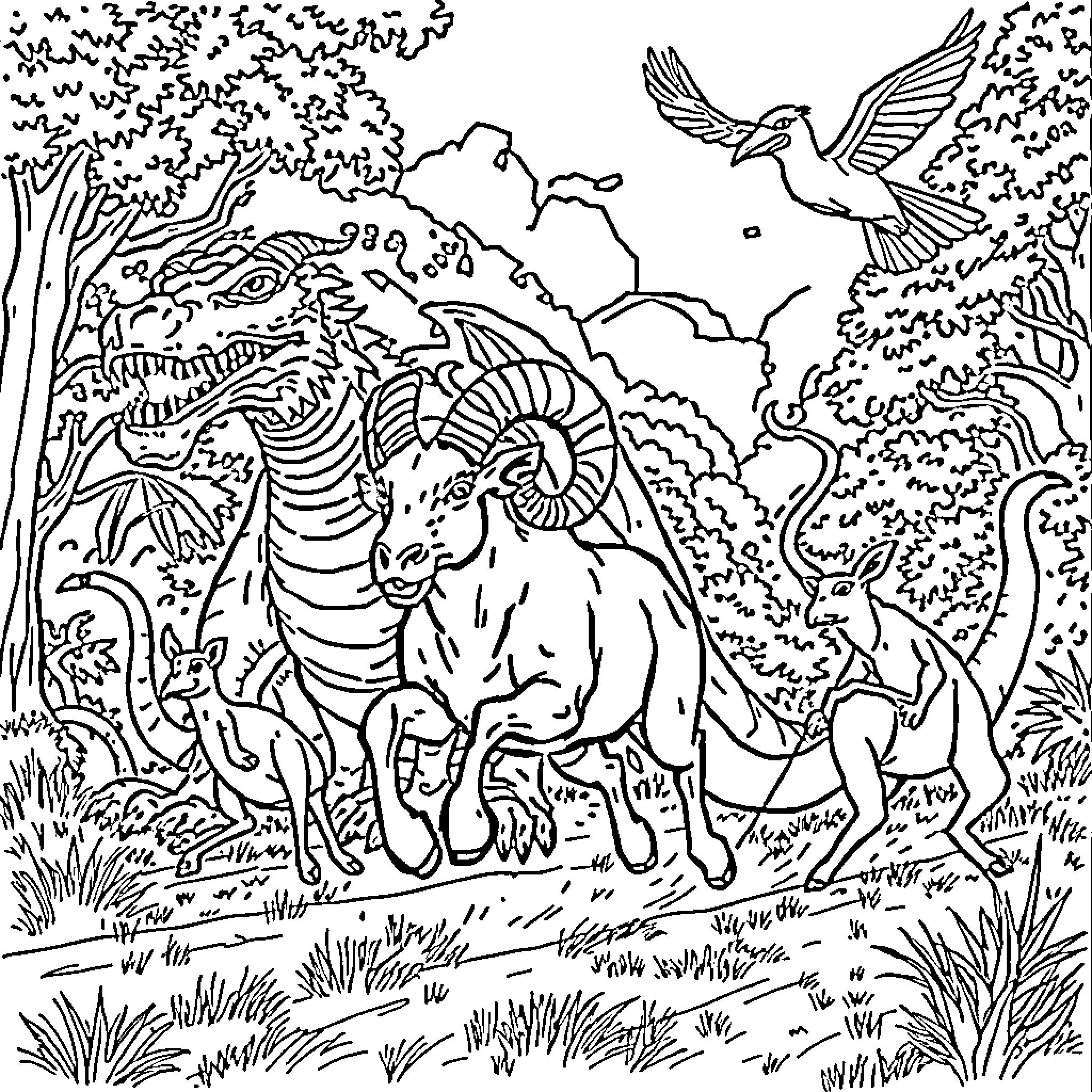 Ram and the Mythical Creatures in the Enchanted Forest Coloring Page (free black-and-white line drawing printable PDF for all, from beginners to advanced learners, including children, teens, adults, and seniors)