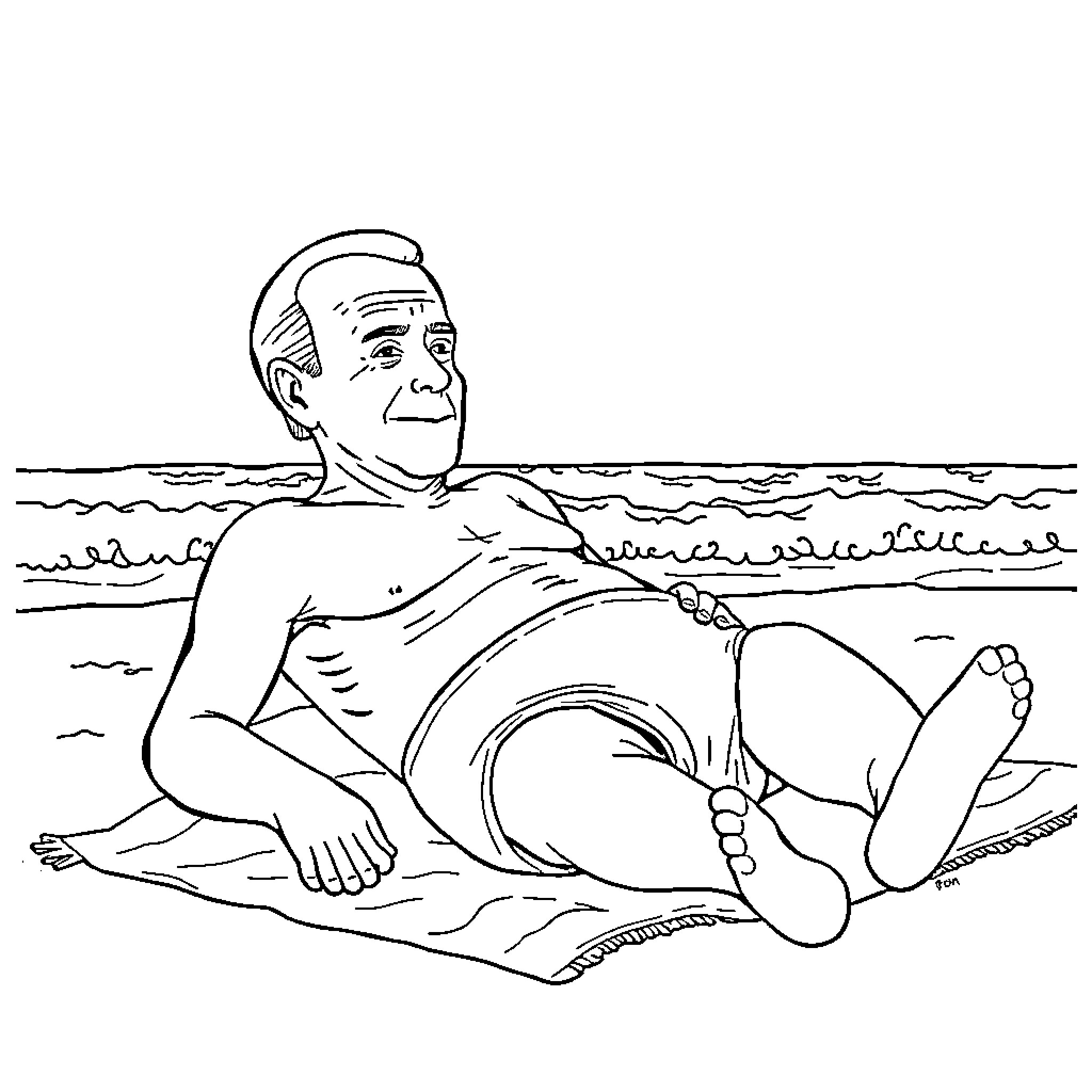 Joe Biden relaxing on the beach Coloring Page (free black-and-white line drawing printable PDF for all, from beginners to advanced learners, including children, teens, adults, and seniors)