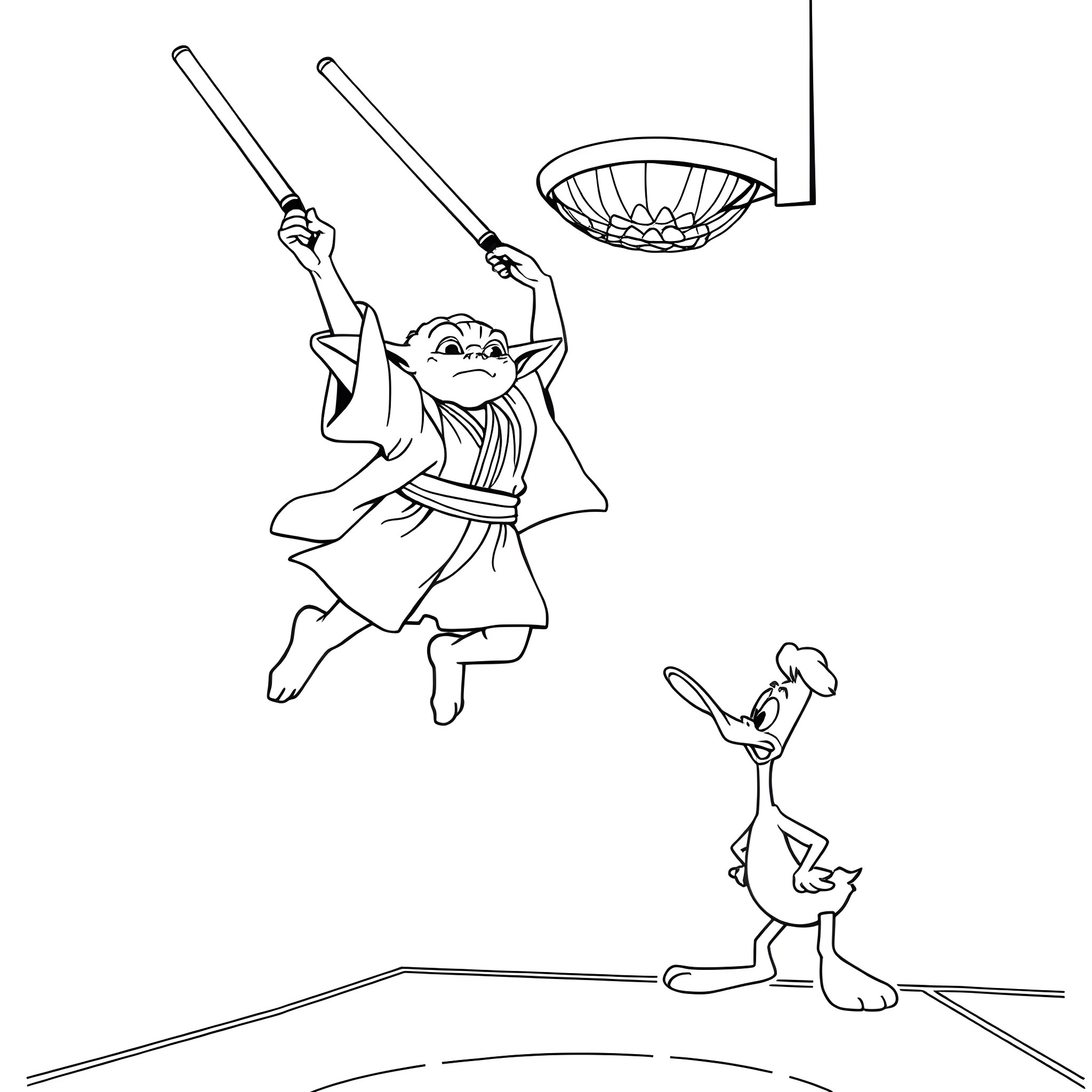 Yoda playing basketball with Bugs Bunny Coloring Page (free black-and-white line drawing printable PDF for all, from beginners to advanced learners, including children, teens, adults, and seniors)