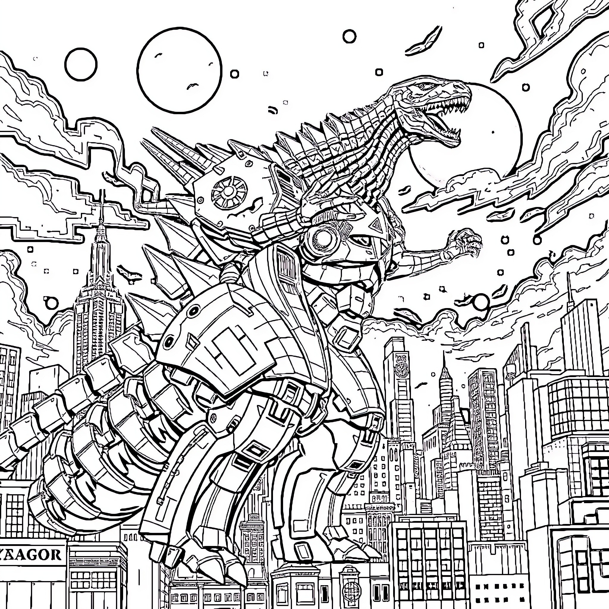 Robot Dinosaur Stomping Through Futuristic City Coloring Page (free black-and-white line drawing printable PDF for all, from beginners to advanced learners, including children, teens, adults, and seniors)