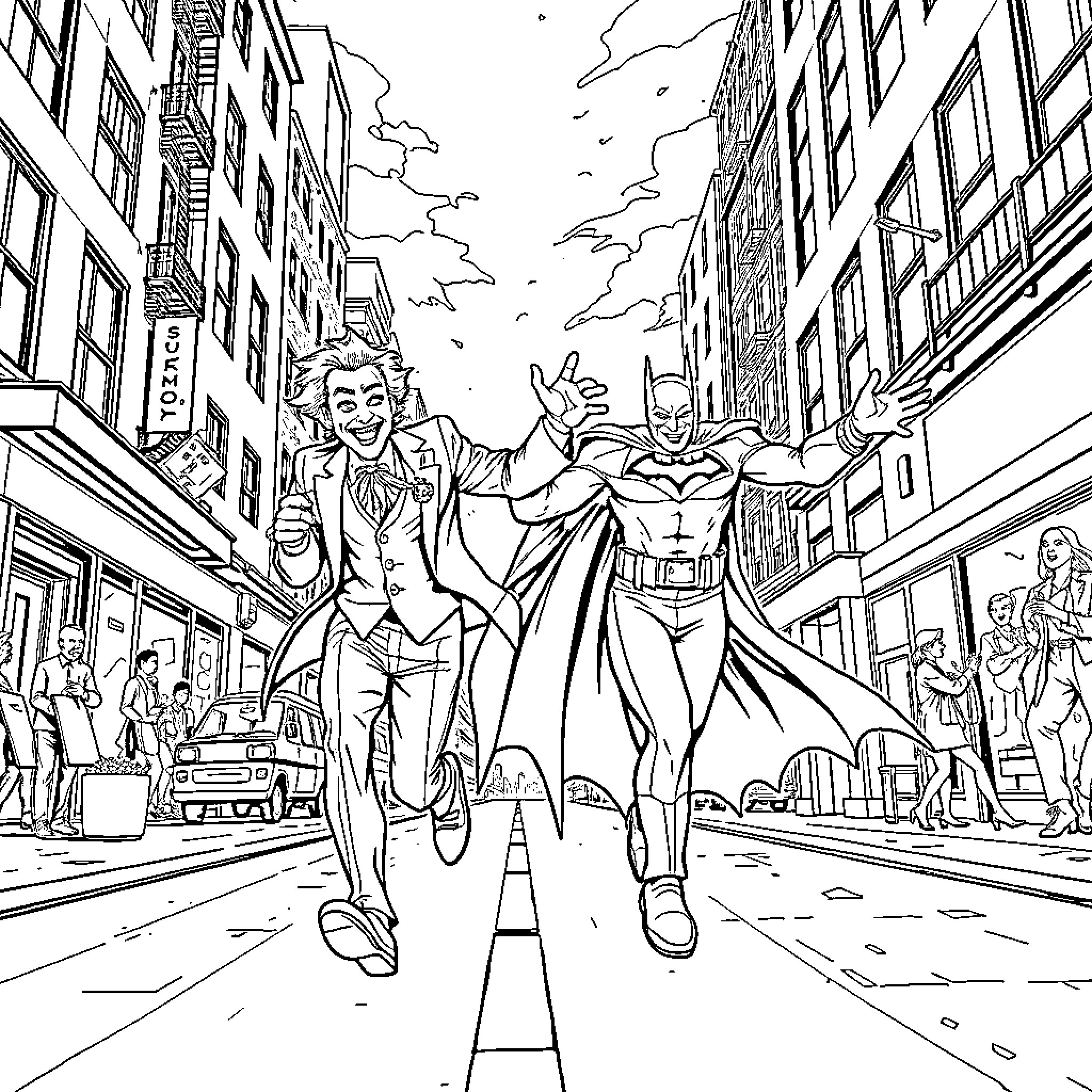 Joker and Batman on the streets Coloring Page (free black-and-white line drawing printable PDF for all, from beginners to advanced learners, including children, teens, adults, and seniors)