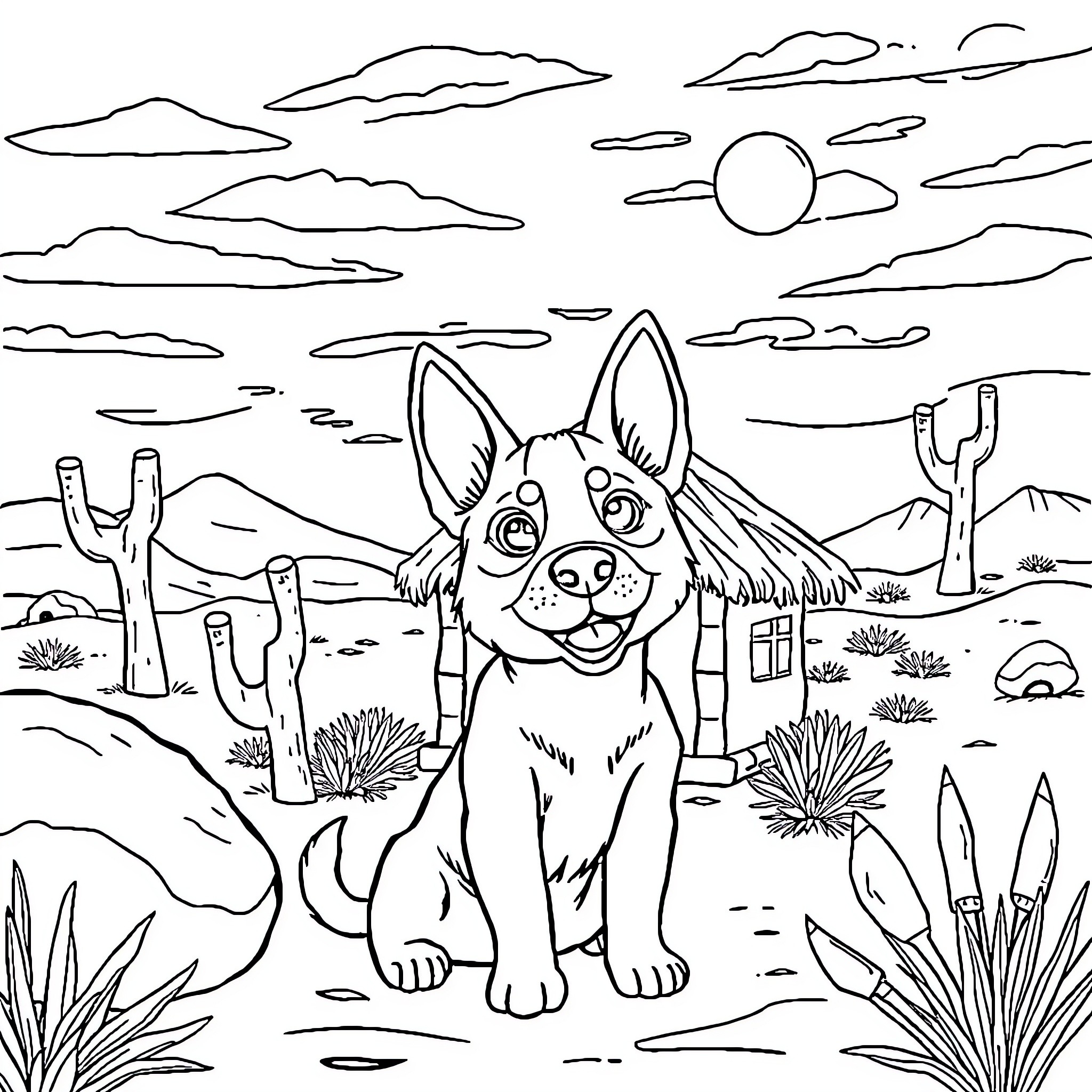 Courage of the desert pup Coloring Page (free black-and-white line drawing printable PDF for all, from beginners to advanced learners, including children, teens, adults, and seniors)
