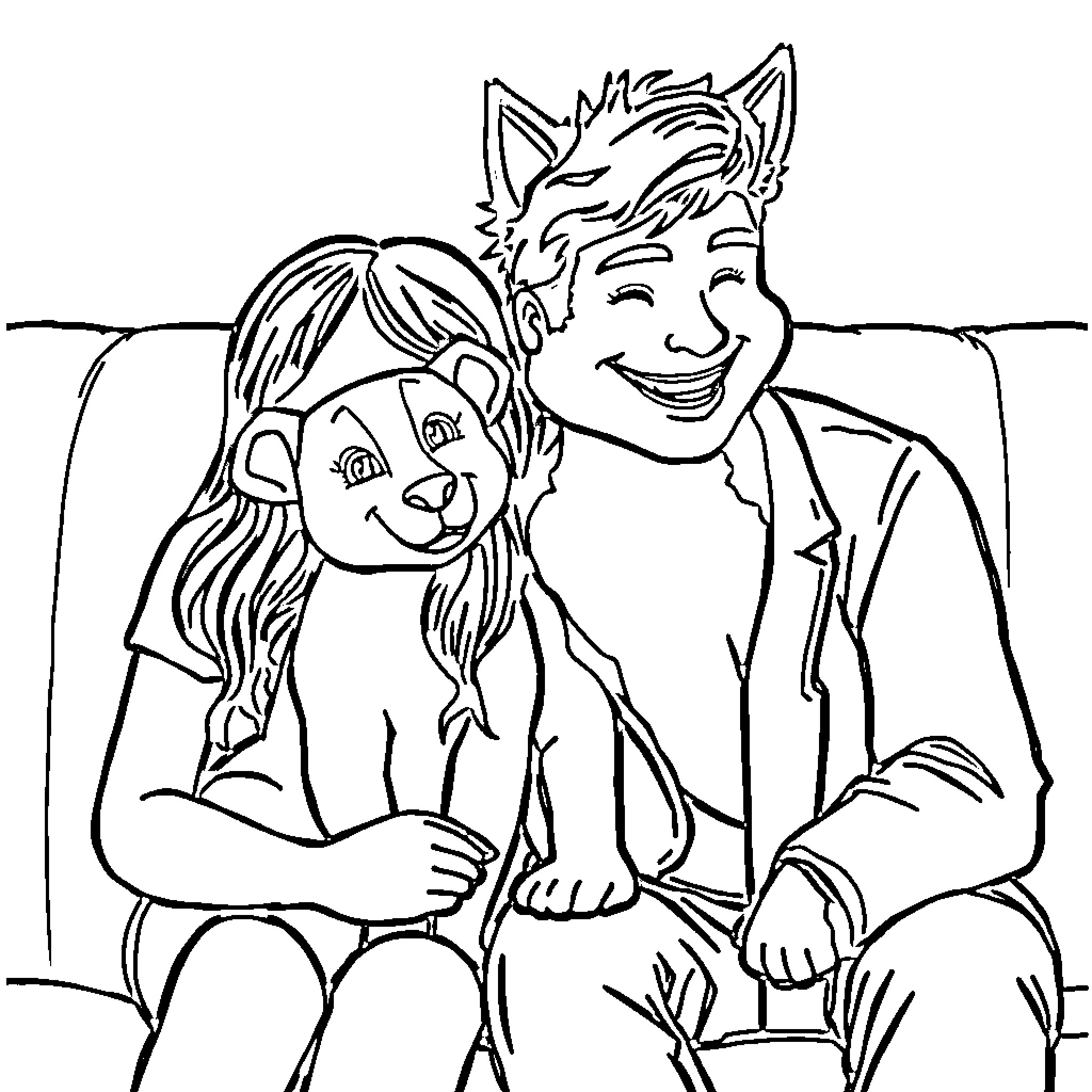 Jo & Rubi Enjoying Playful Moment Together Coloring Page (free black-and-white line drawing printable PDF for all, from beginners to advanced learners, including children, teens, adults, and seniors)