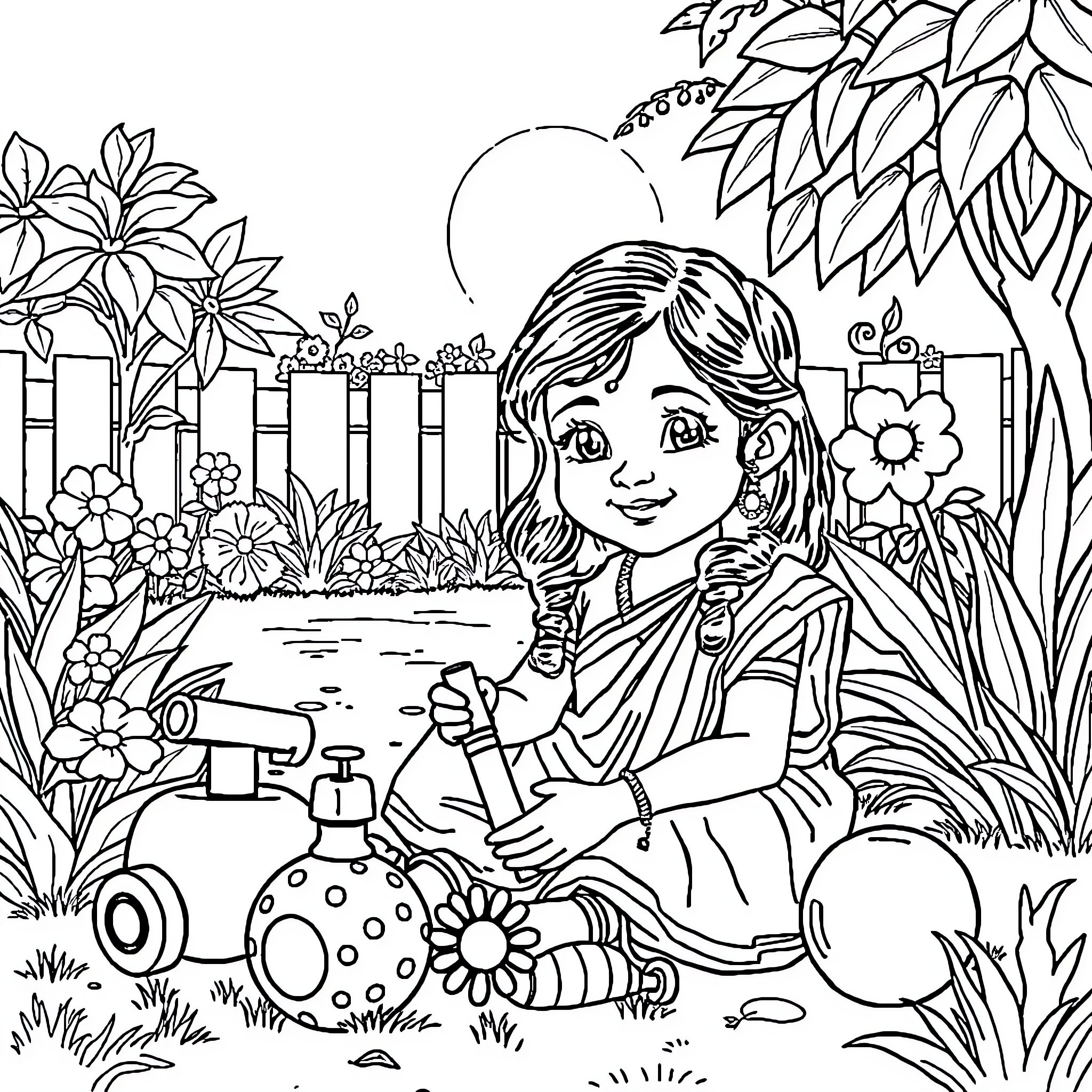 Girl Enjoying Gardening in Nature Coloring Page (free black-and-white line drawing printable PDF for all, from beginners to advanced learners, including children, teens, adults, and seniors)