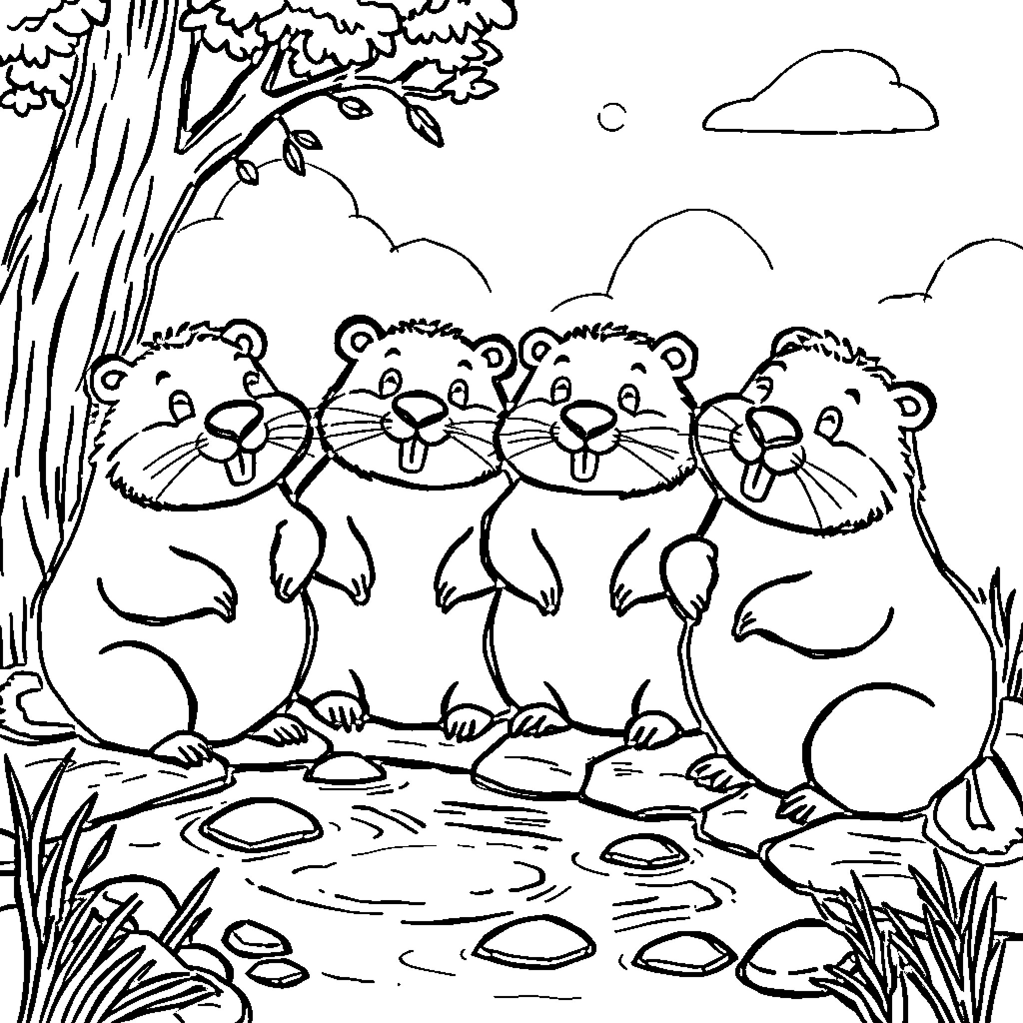 Beaver family playing in the forest Coloring Page (free black-and-white line drawing printable PDF for all, from beginners to advanced learners, including children, teens, adults, and seniors)