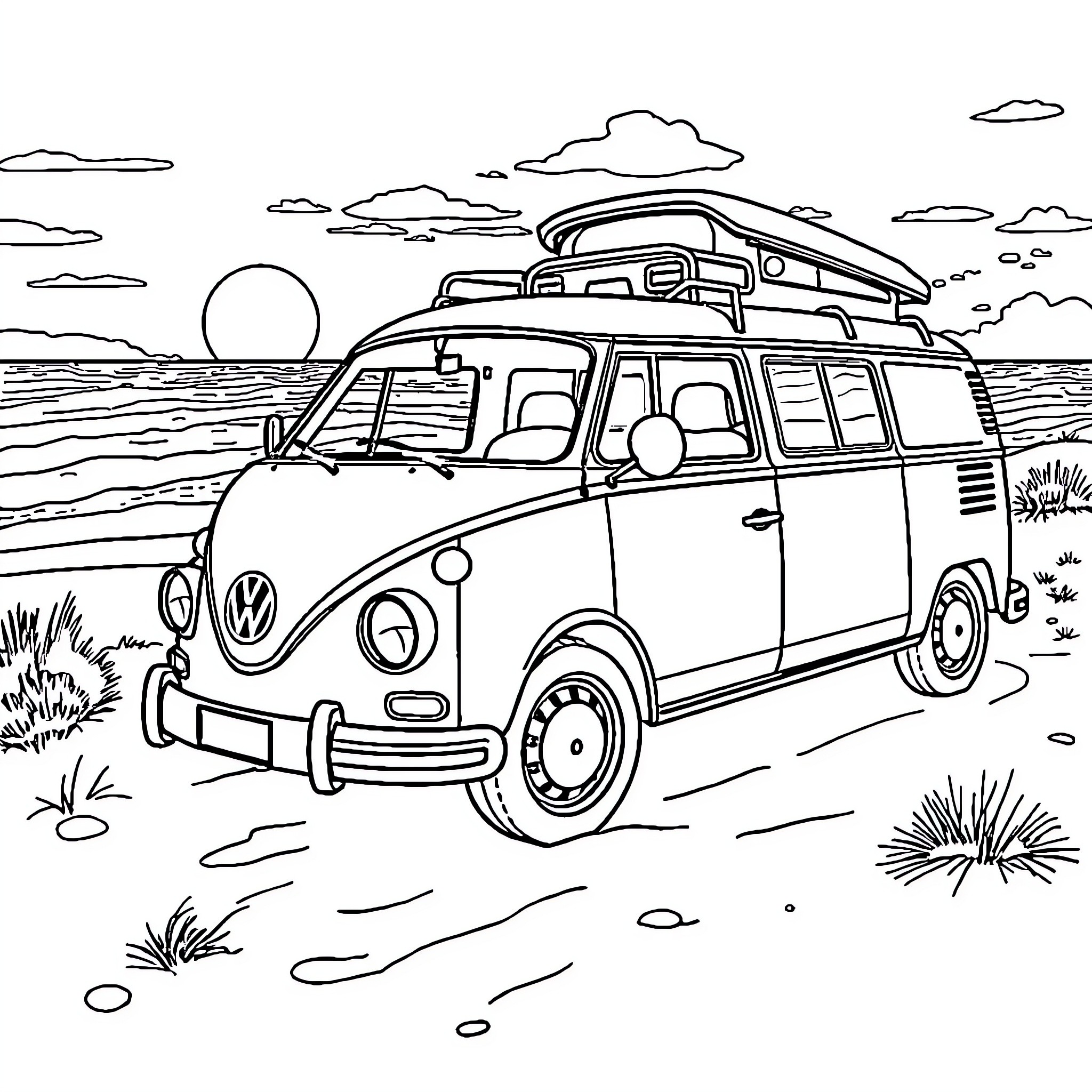 VW T3 camper van on the beach during sunset Coloring Page (free black-and-white line drawing printable PDF for all, from beginners to advanced learners, including children, teens, adults, and seniors)
