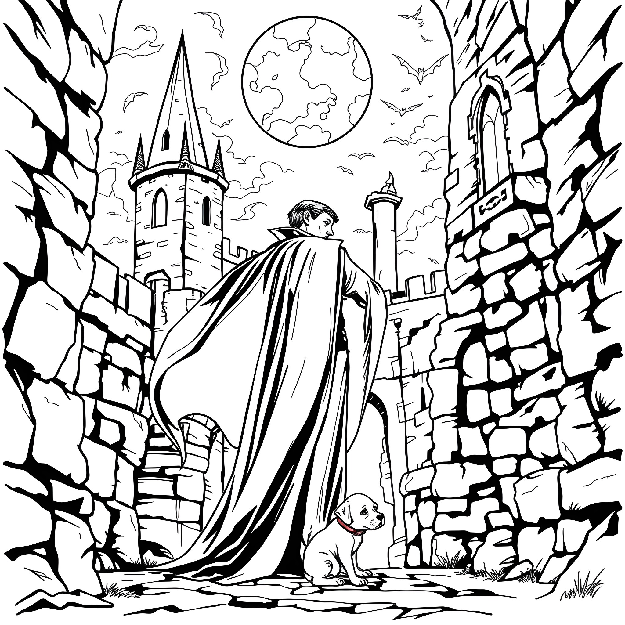 Dracula's Mysterious Stroll Through the Haunting Castle Coloring Page (free black-and-white line drawing printable PDF for all, from beginners to advanced learners, including children, teens, adults, and seniors)