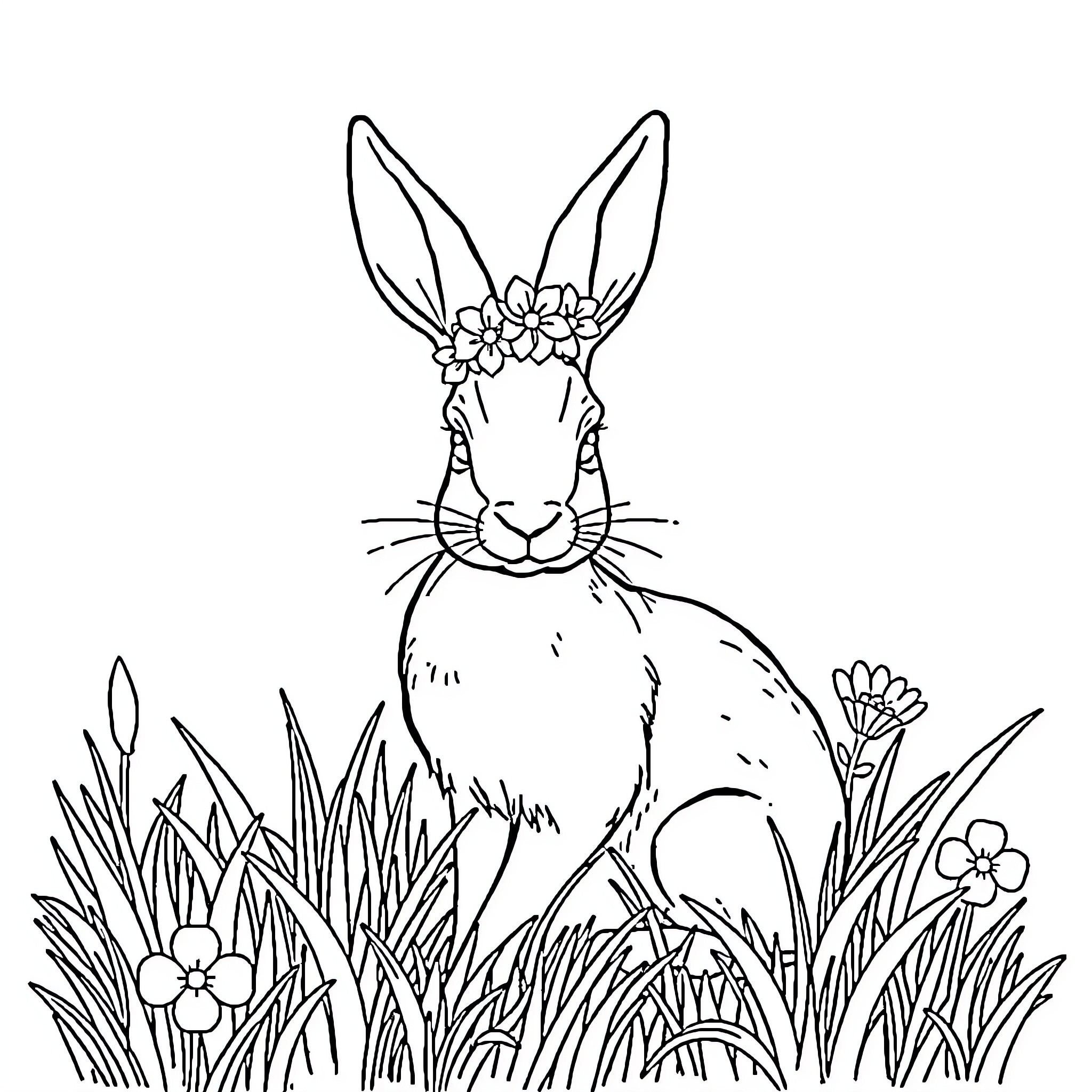 Rabbit in floral meadow Coloring Page (free black-and-white line drawing printable PDF for all, from beginners to advanced learners, including children, teens, adults, and seniors)