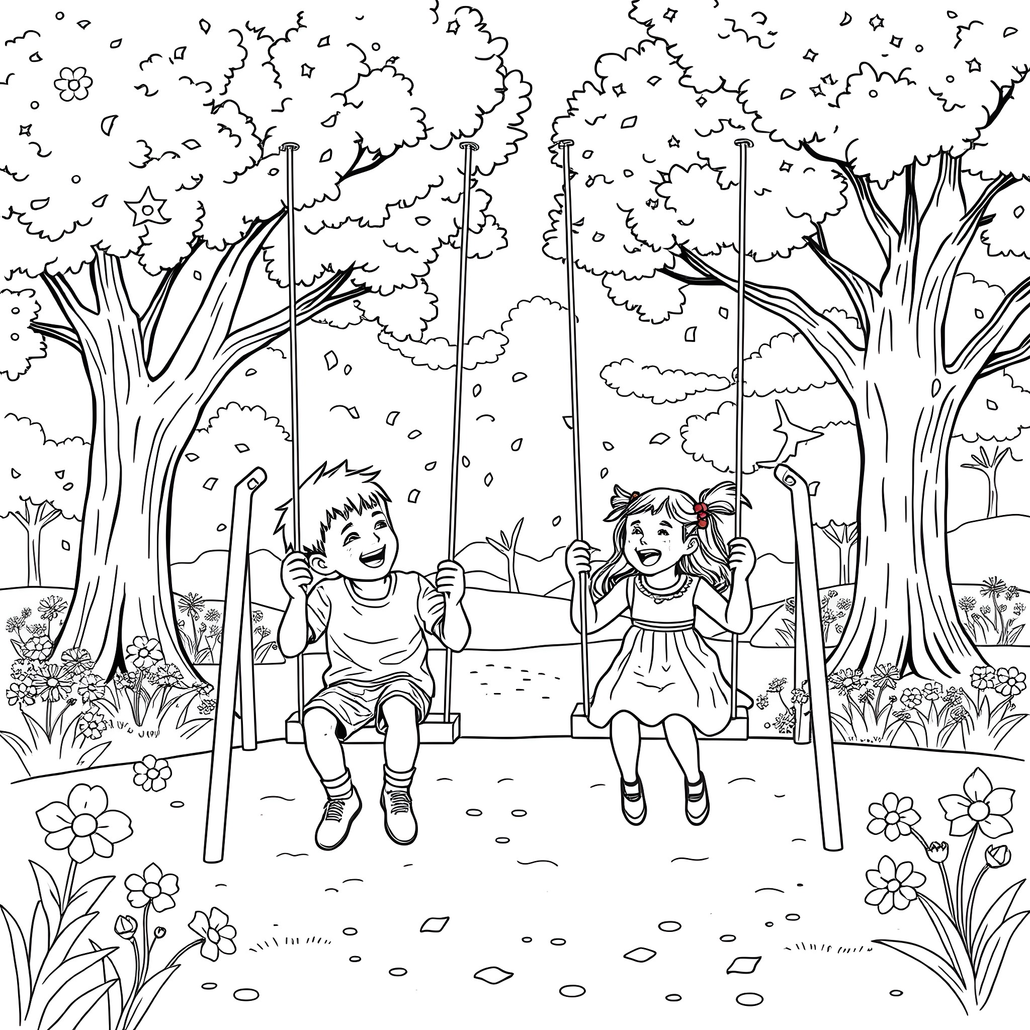 Children playing happily on a swing in the forest Coloring Page (free black-and-white line drawing printable PDF for all, from beginners to advanced learners, including children, teens, adults, and seniors)