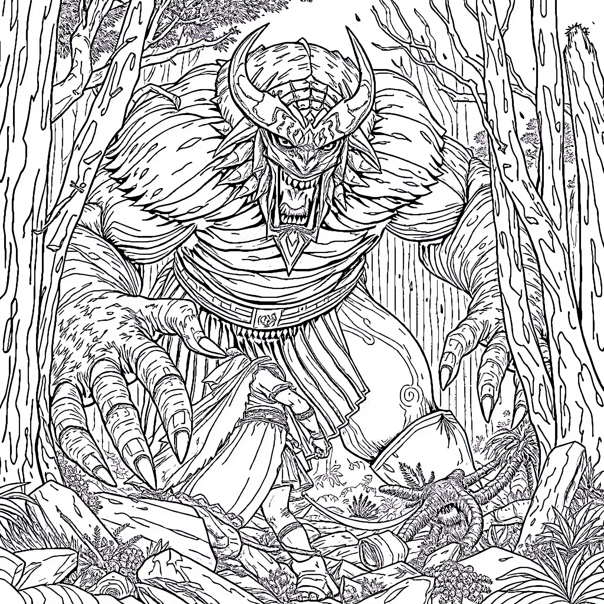Monster Stalking through the Mystical Forest Coloring Page (free black-and-white line drawing printable PDF for all, from beginners to advanced learners, including children, teens, adults, and seniors)