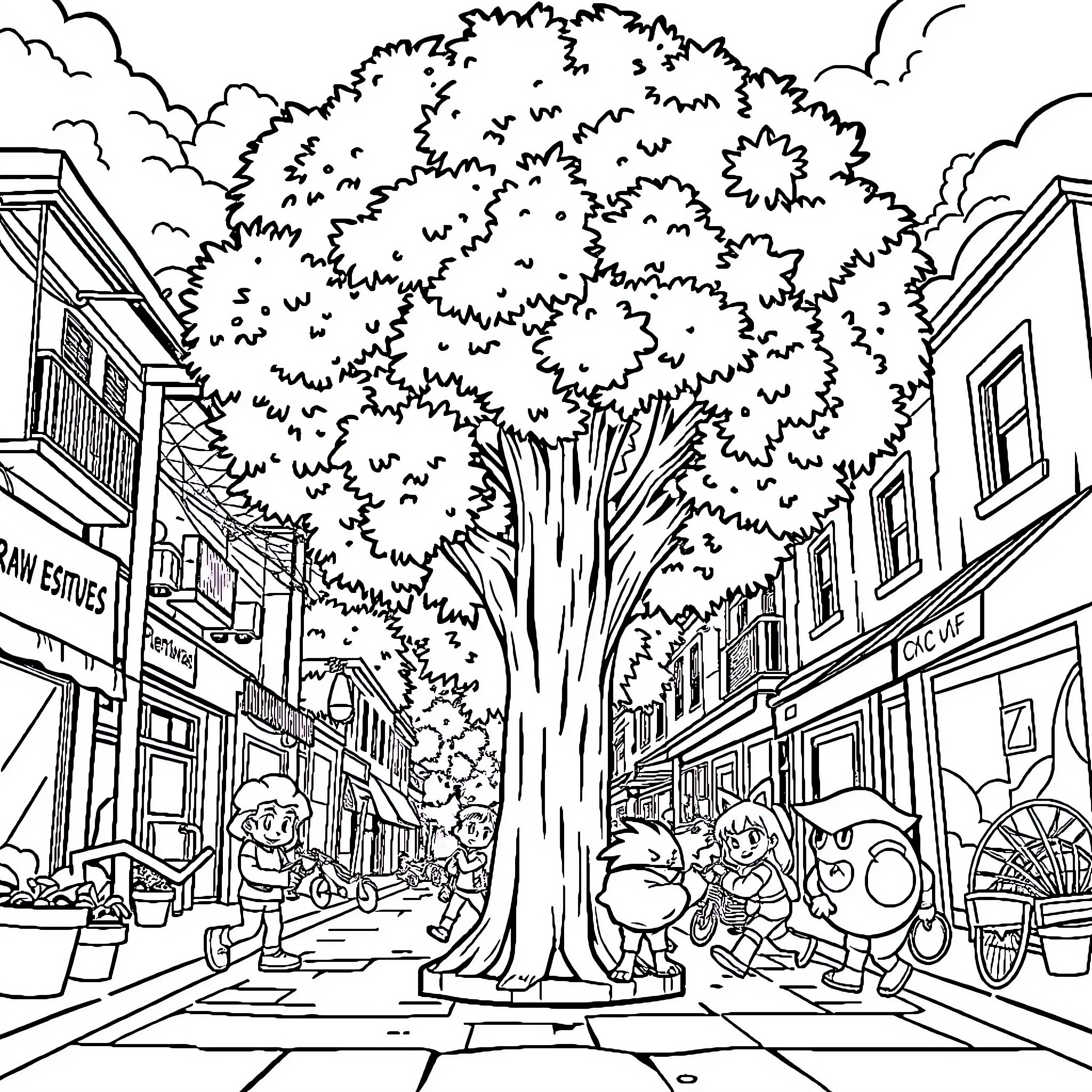 Brawl Stars Characters in a Lively Town Coloring Page (free black-and-white line drawing printable PDF for all, from beginners to advanced learners, including children, teens, adults, and seniors)
