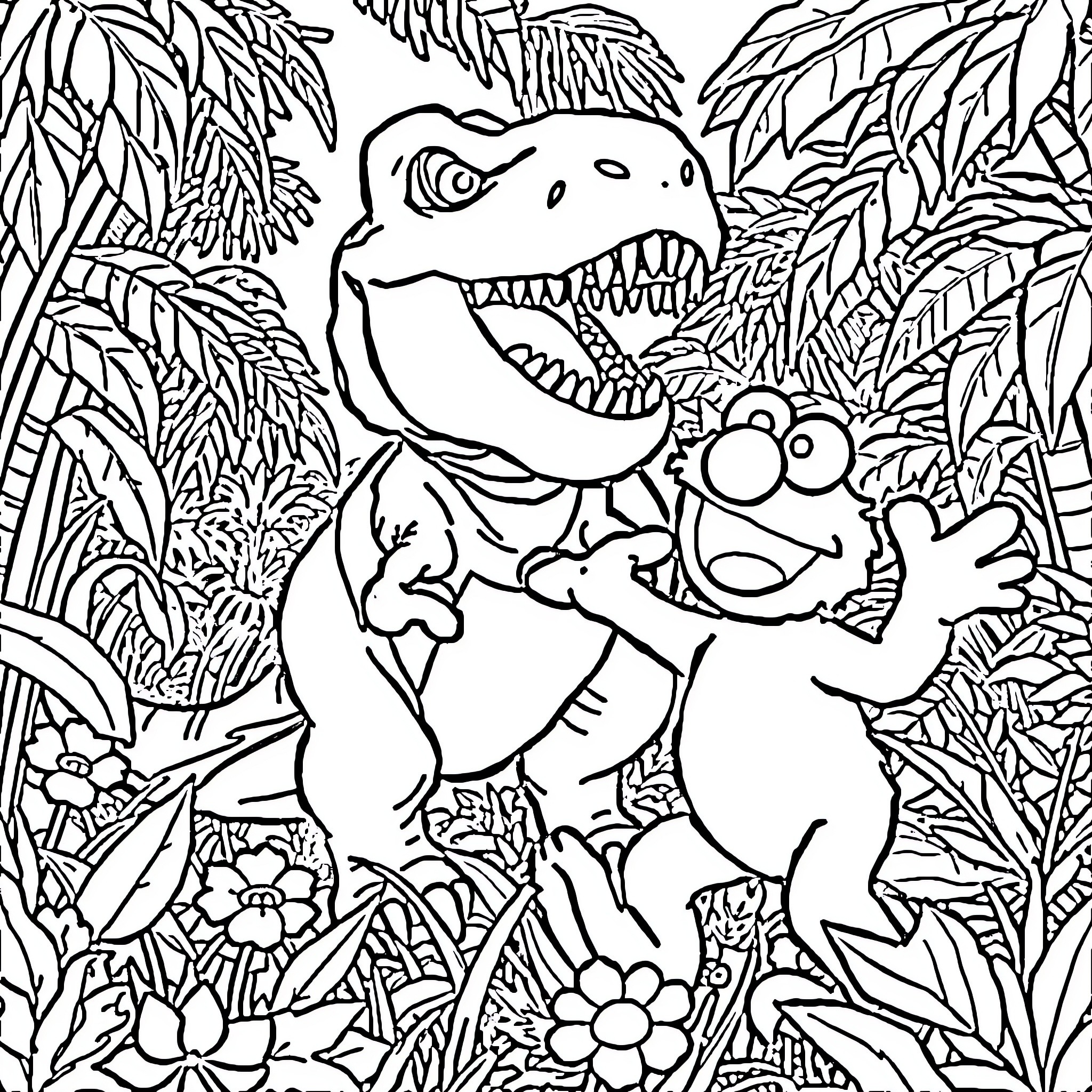 Elmo and Dinosaur Playing in the Jungle Coloring Page (free black-and-white line drawing printable PDF for all, from beginners to advanced learners, including children, teens, adults, and seniors)
