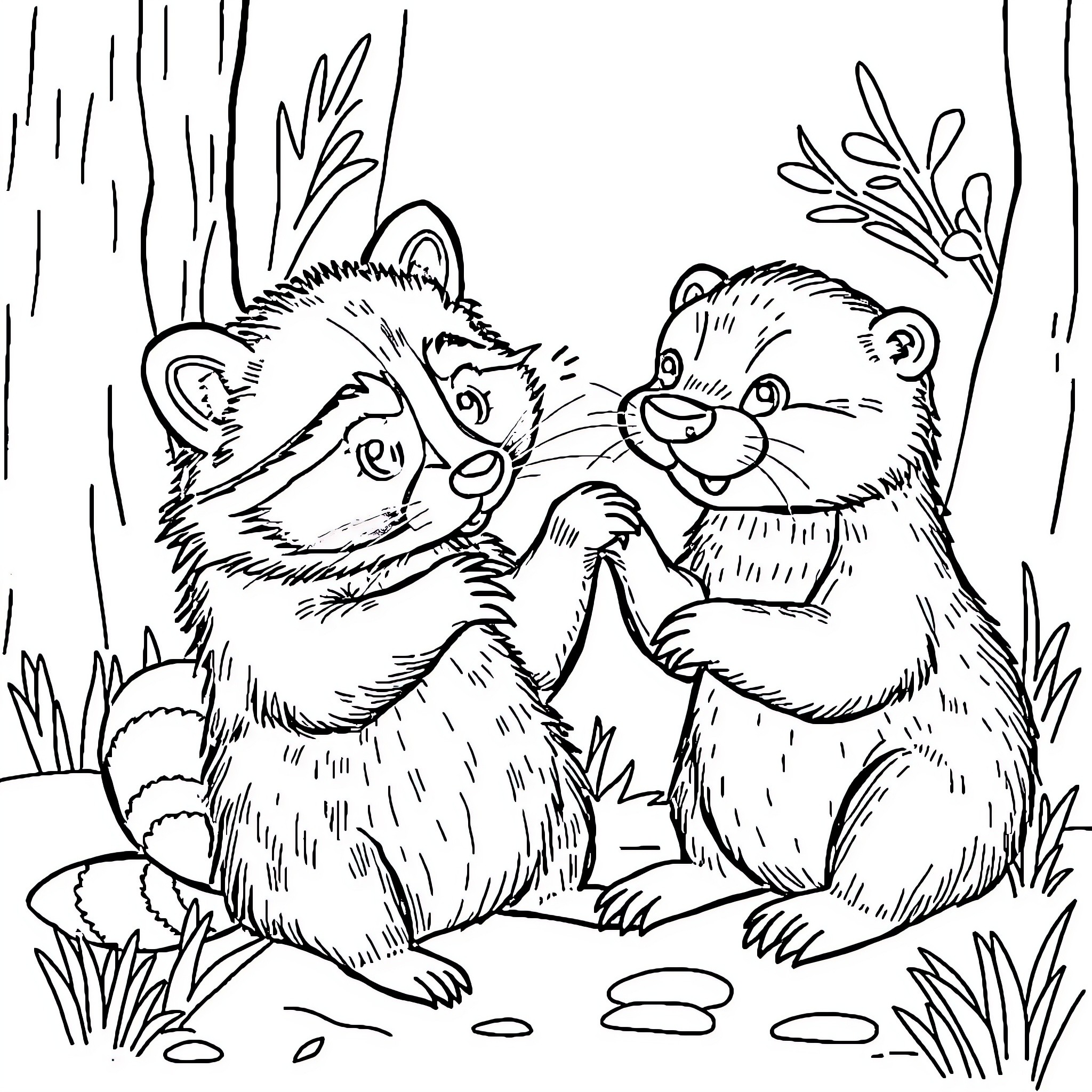Raccoon friends playing in the forest Coloring Page (free black-and-white line drawing printable PDF for all, from beginners to advanced learners, including children, teens, adults, and seniors)