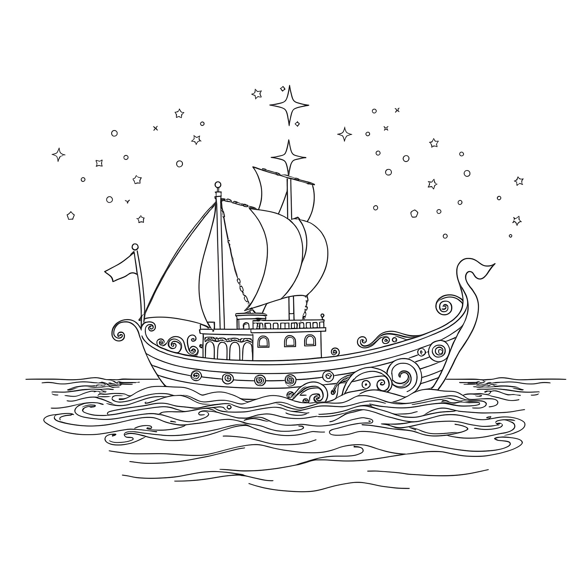 Vessel sailing through starry night skies Coloring Page (free black-and-white line drawing printable PDF for all, from beginners to advanced learners, including children, teens, adults, and seniors)
