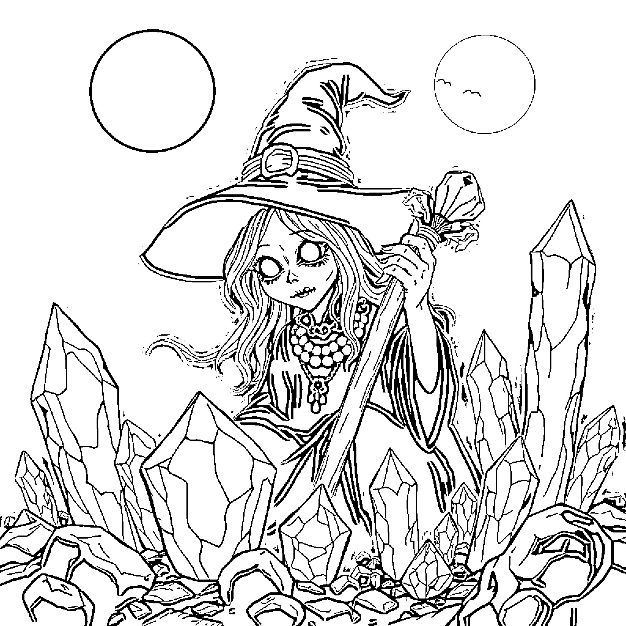 Witch amidst enchanted crystals and flora Coloring Page (free black-and-white line drawing printable PDF for all, from beginners to advanced learners, including children, teens, adults, and seniors)