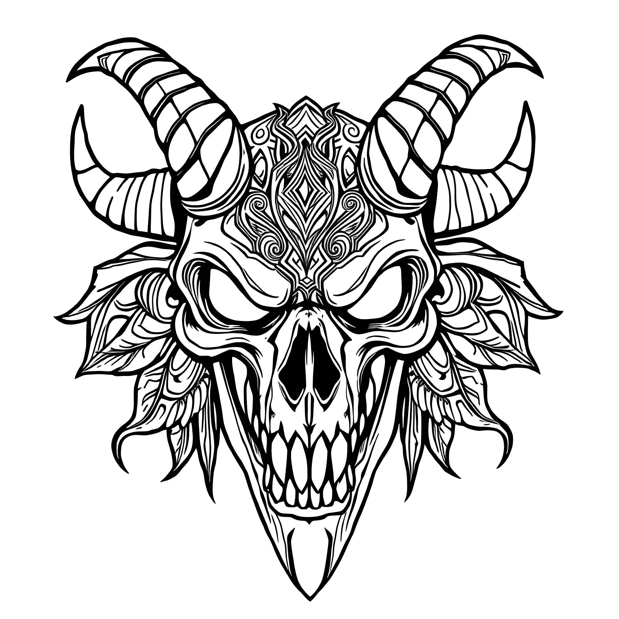 Skull Oni Mask with Intricate Horns and Demonic Features Coloring Page (free black-and-white line drawing printable PDF for all, from beginners to advanced learners, including children, teens, adults, and seniors)