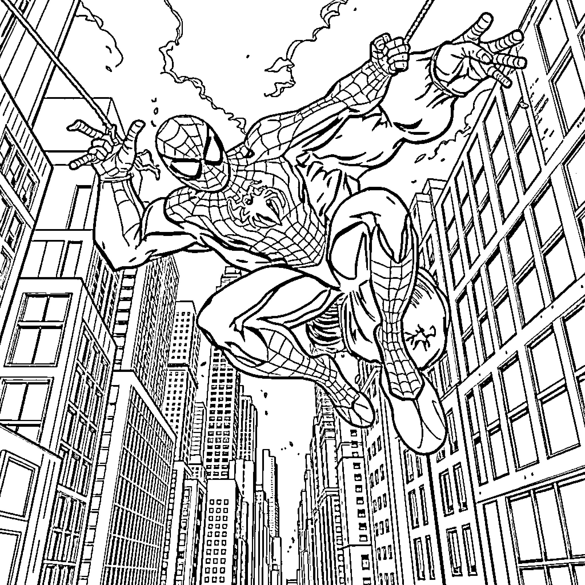 Spider-Man swinging through the city, fighting crime Coloring Page (free black-and-white line drawing printable PDF for all, from beginners to advanced learners, including children, teens, adults, and seniors)