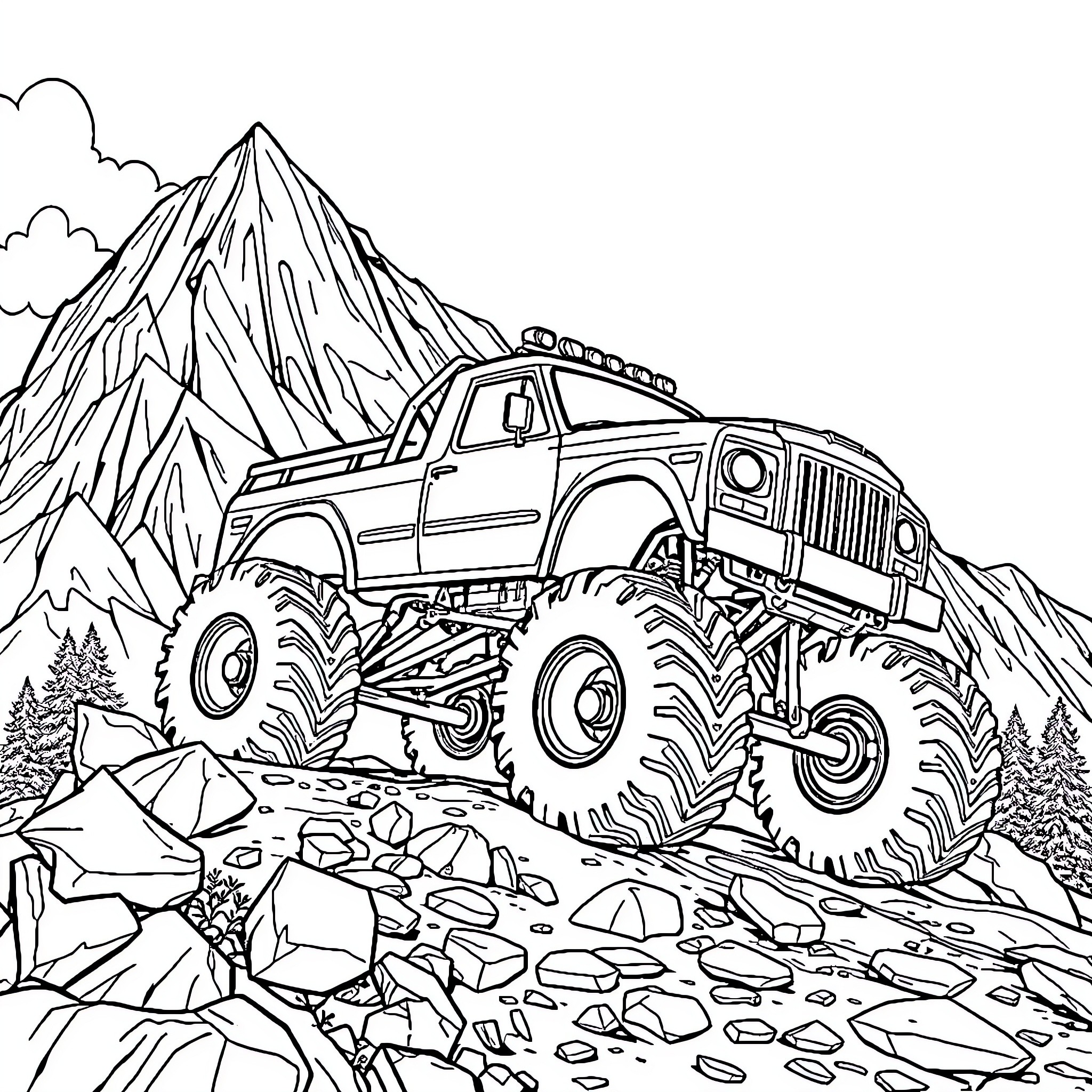 Monster Truck Conquering Rocky Terrain Coloring Page (free black-and-white line drawing printable PDF for all, from beginners to advanced learners, including children, teens, adults, and seniors)