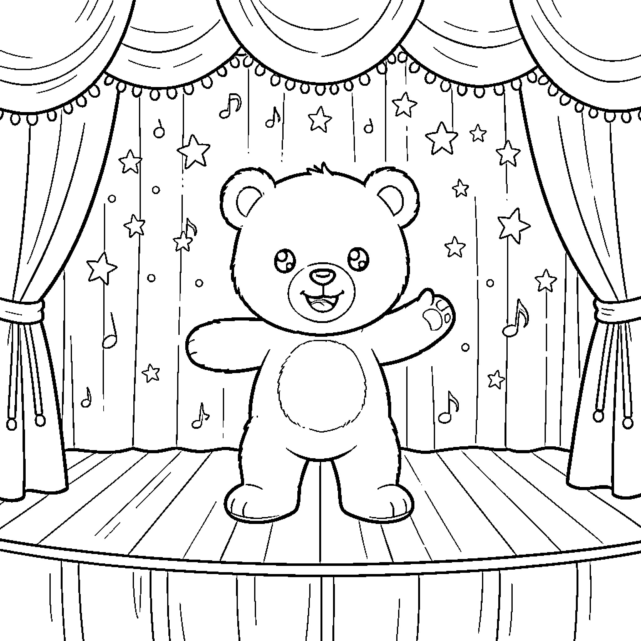 Teddy Bear Performing on Stage with Stars and Music Coloring Page (free black-and-white line drawing printable PDF for all, from beginners to advanced learners, including children, teens, adults, and seniors)