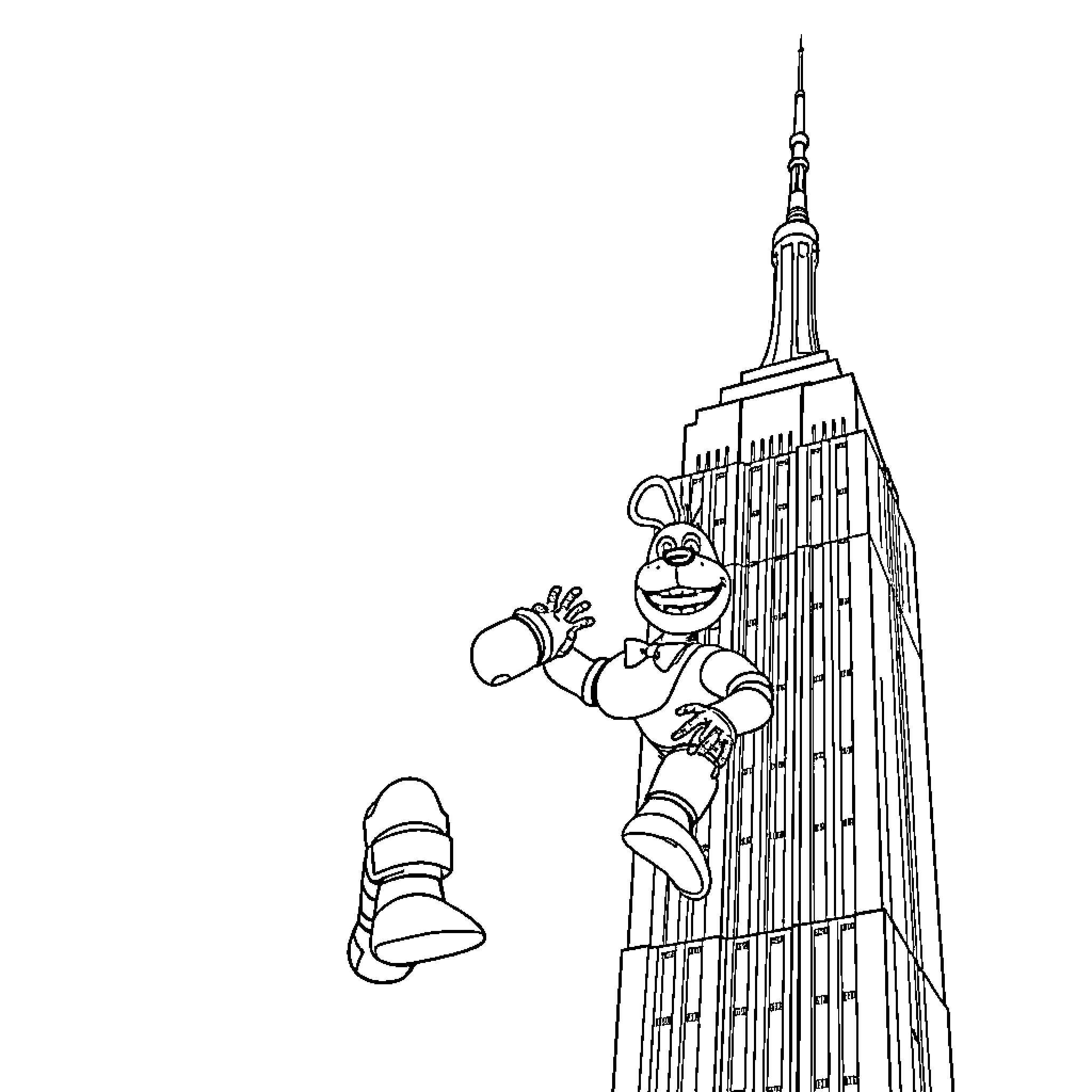 Freddy Fazbear climbing the Empire State Building Coloring Page (free black-and-white line drawing printable PDF for all, from beginners to advanced learners, including children, teens, adults, and seniors)