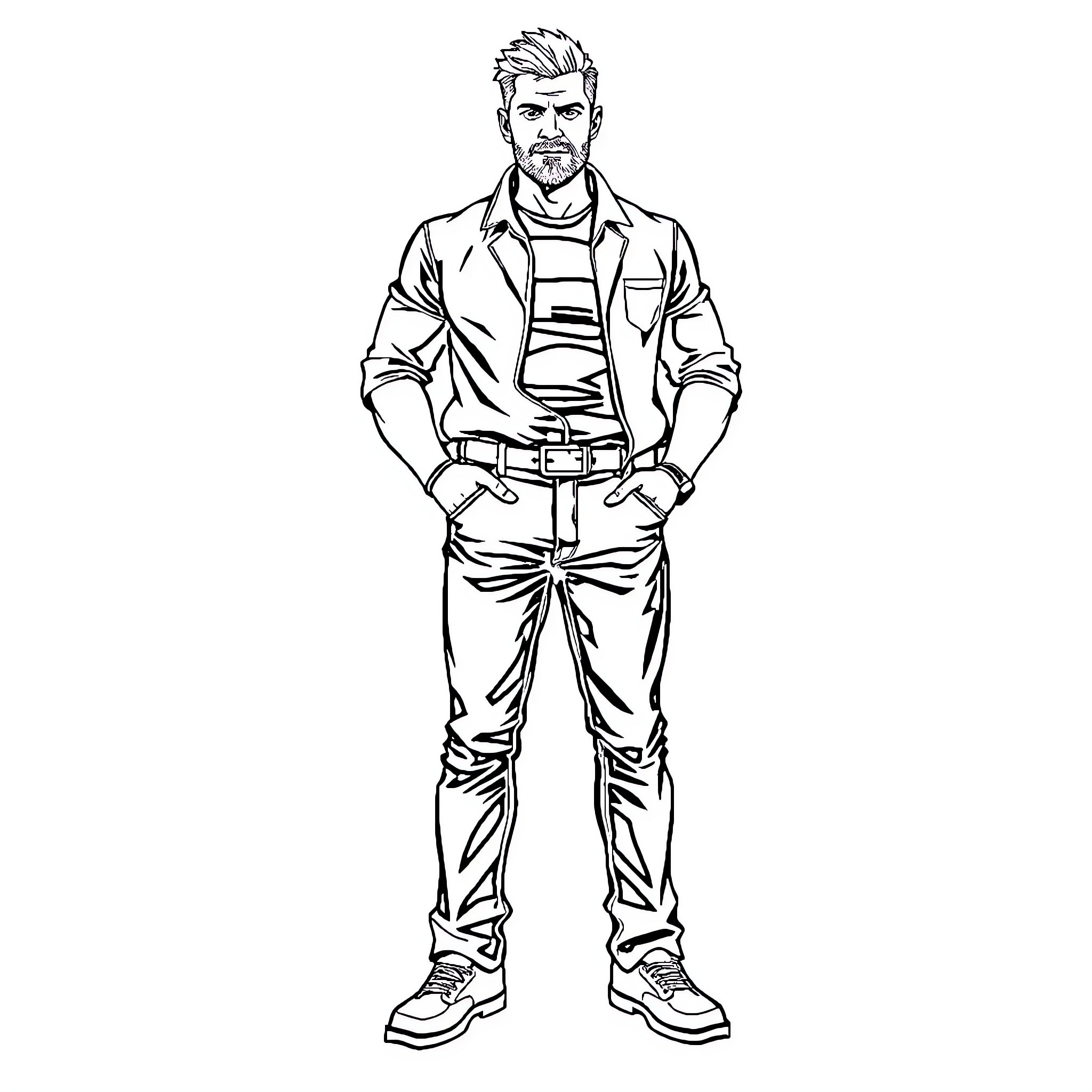 Guy in casual attire standing with confidence Coloring Page (free black-and-white line drawing printable PDF for all, from beginners to advanced learners, including children, teens, adults, and seniors)