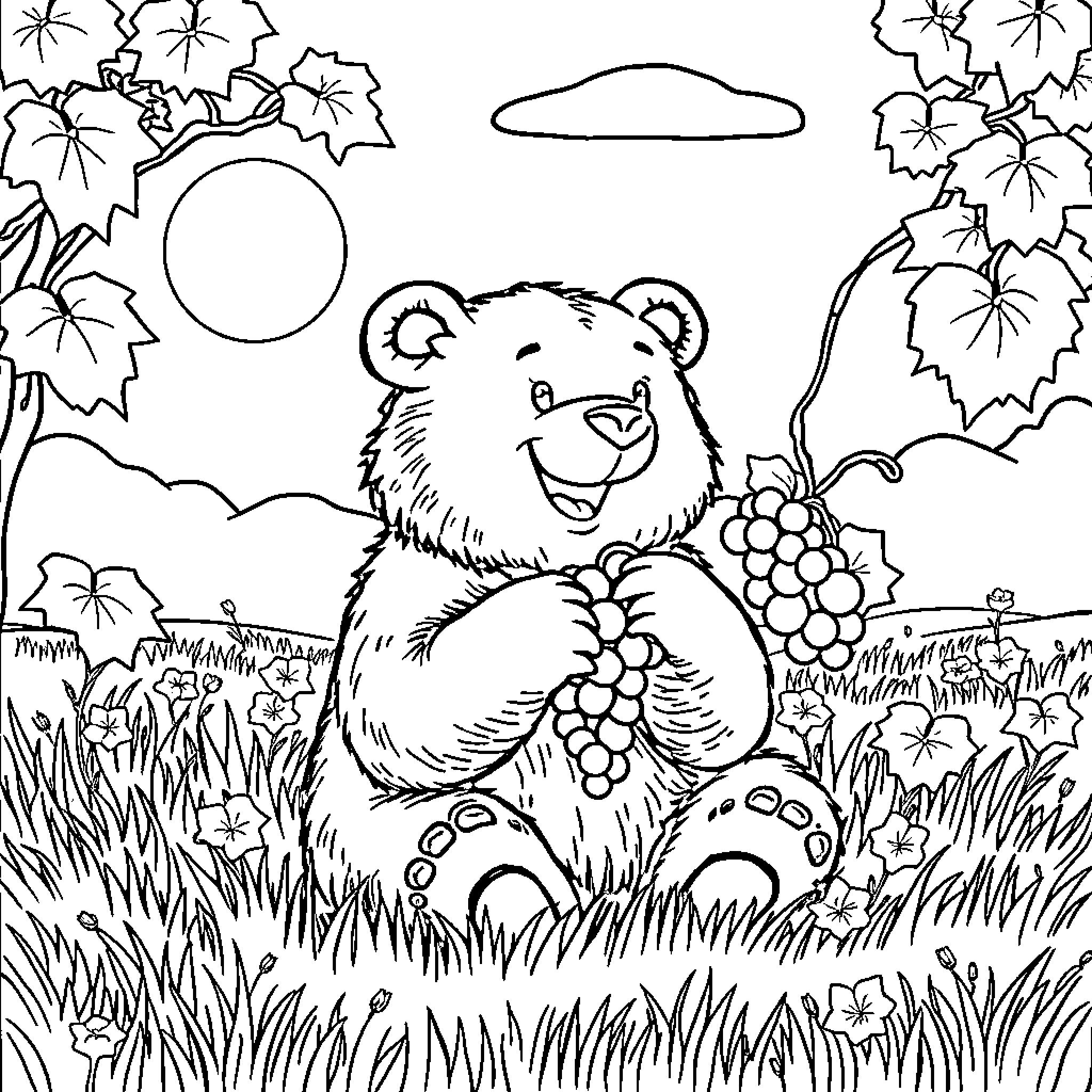 Bear enjoying a summer day in nature Coloring Page (free black-and-white line drawing printable PDF for all, from beginners to advanced learners, including children, teens, adults, and seniors)