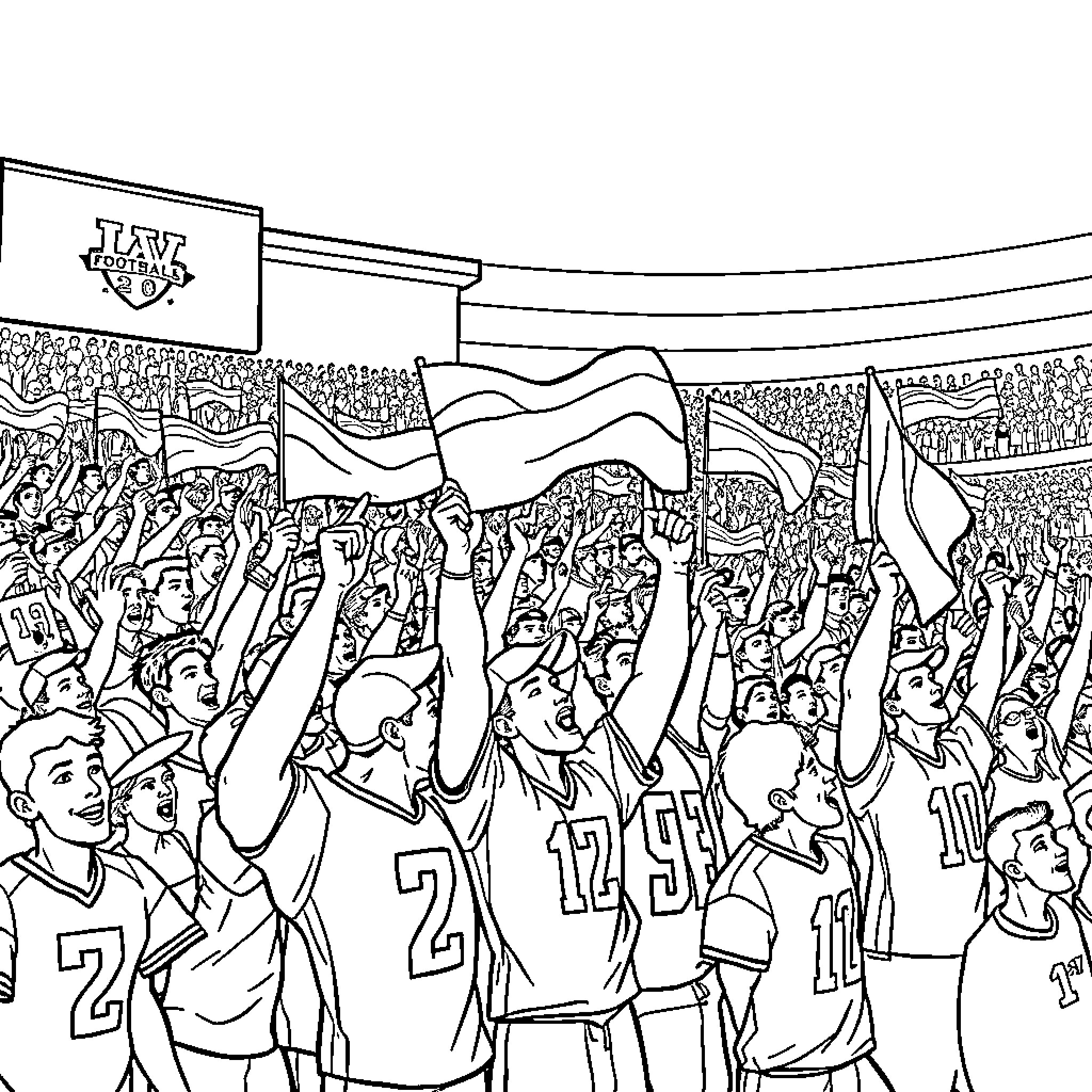 Crowd cheering enthusiastically at a sports event Coloring Page (free black-and-white line drawing printable PDF for all, from beginners to advanced learners, including children, teens, adults, and seniors)