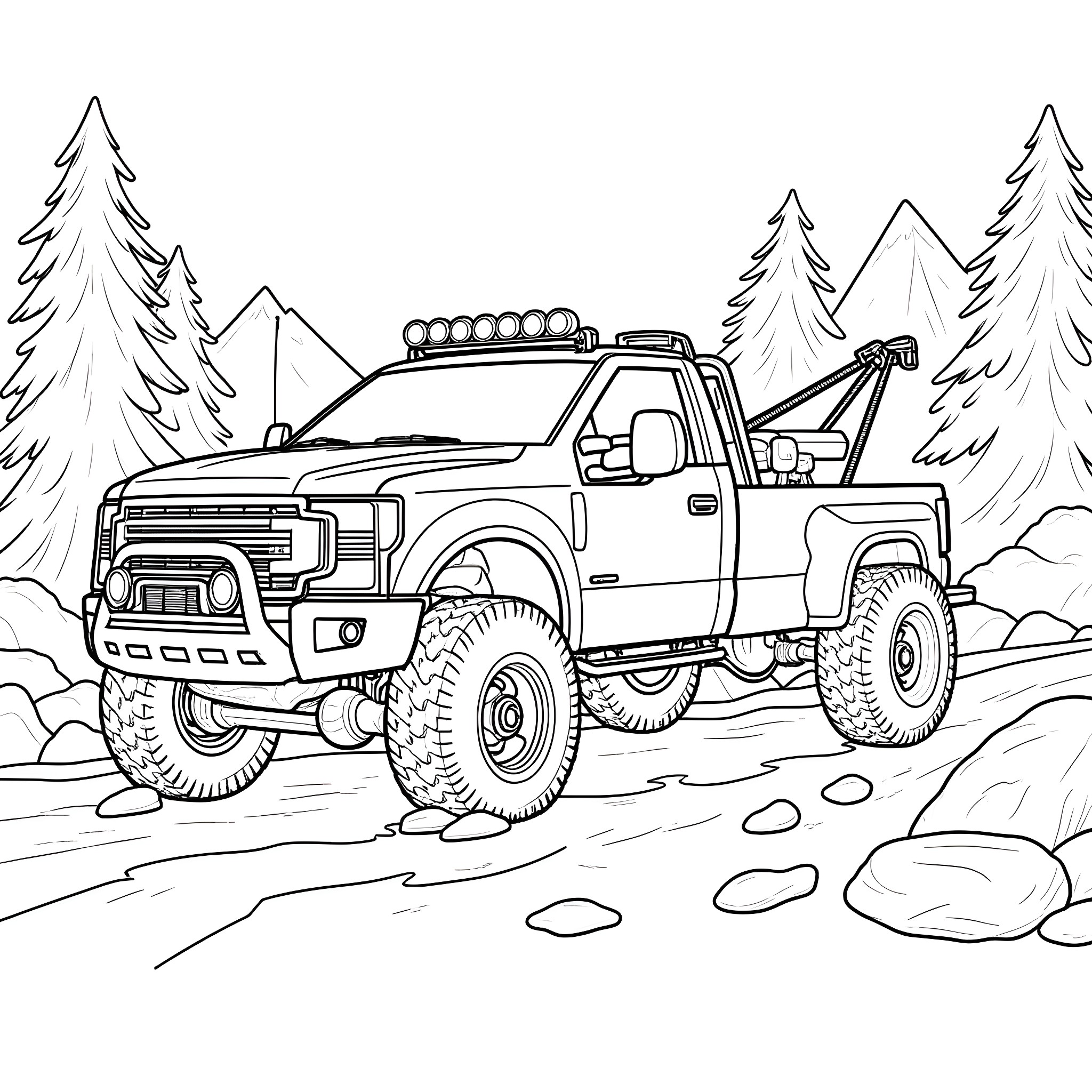 Wrecker truck navigating through rugged terrain Coloring Page (free black-and-white line drawing printable PDF for all, from beginners to advanced learners, including children, teens, adults, and seniors)