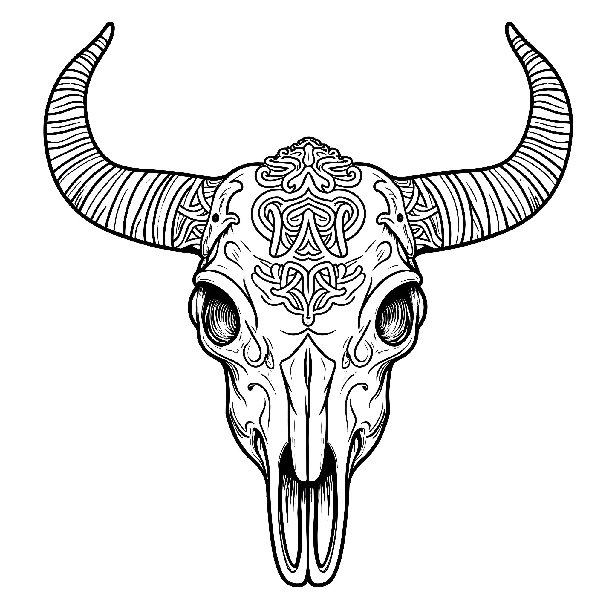 Skull of decorative buffalo with intricate patterns Coloring Page (free black-and-white line drawing printable PDF for all, from beginners to advanced learners, including children, teens, adults, and seniors)