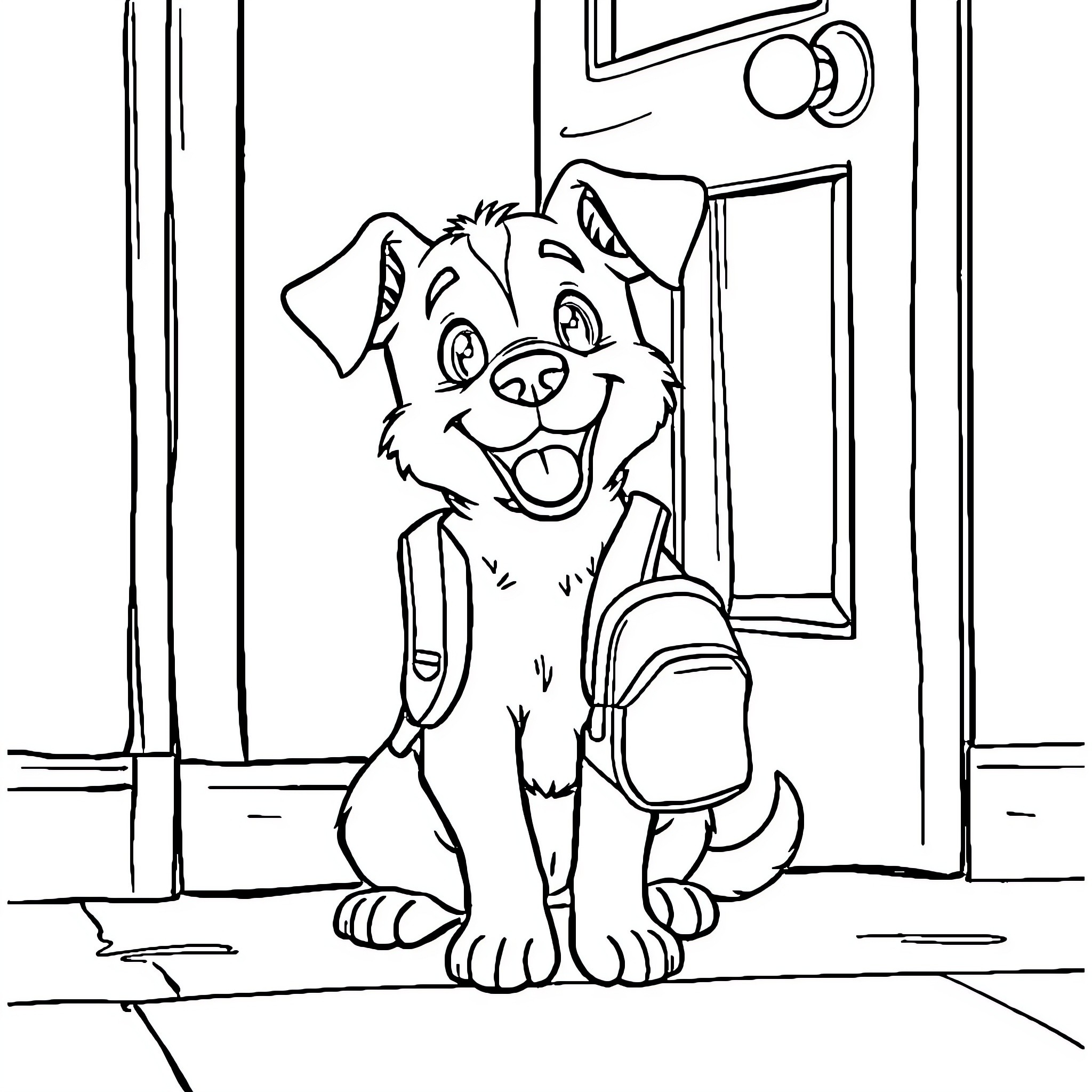 Dog waiting patiently at the door Coloring Page (free black-and-white line drawing printable PDF for all, from beginners to advanced learners, including children, teens, adults, and seniors)