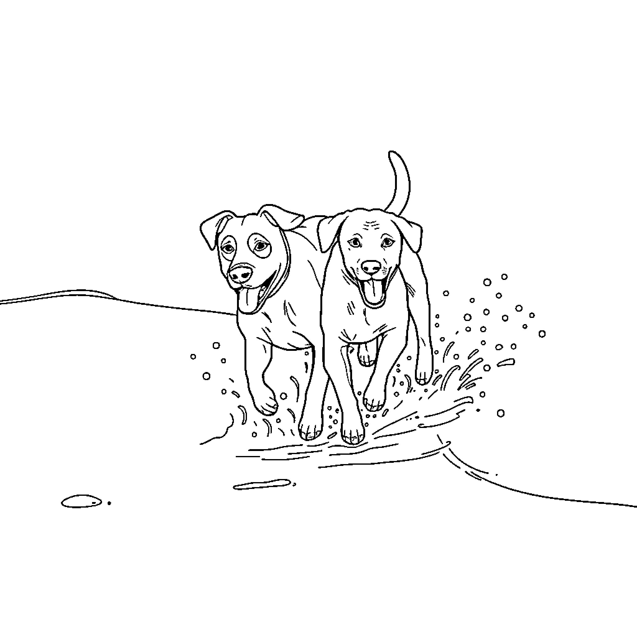 Dog duo playing joyfully in the water Coloring Page (free black-and-white line drawing printable PDF for all, from beginners to advanced learners, including children, teens, adults, and seniors)