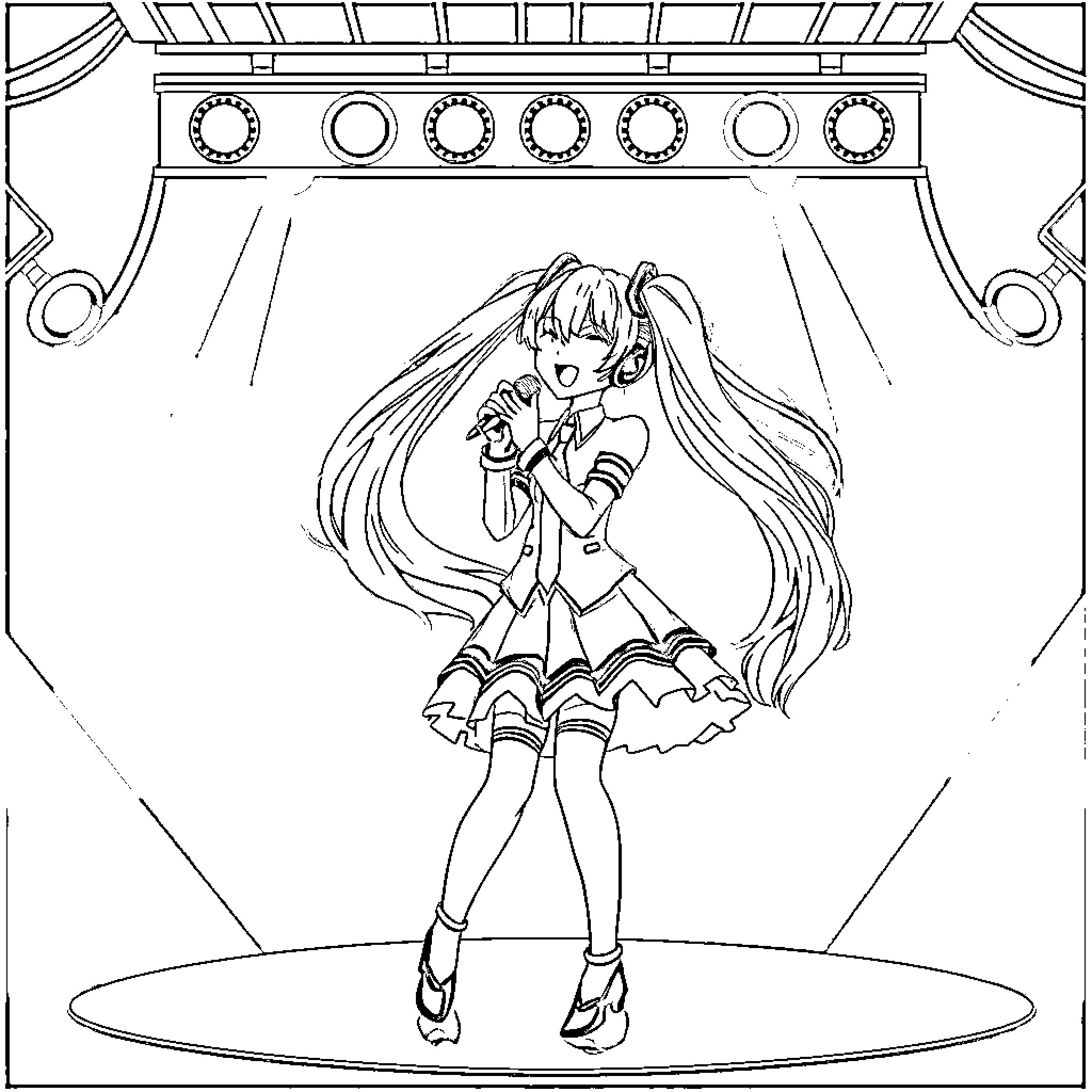 Hatsune Miku performing on stage Coloring Page (free black-and-white line drawing printable PDF for all, from beginners to advanced learners, including children, teens, adults, and seniors)