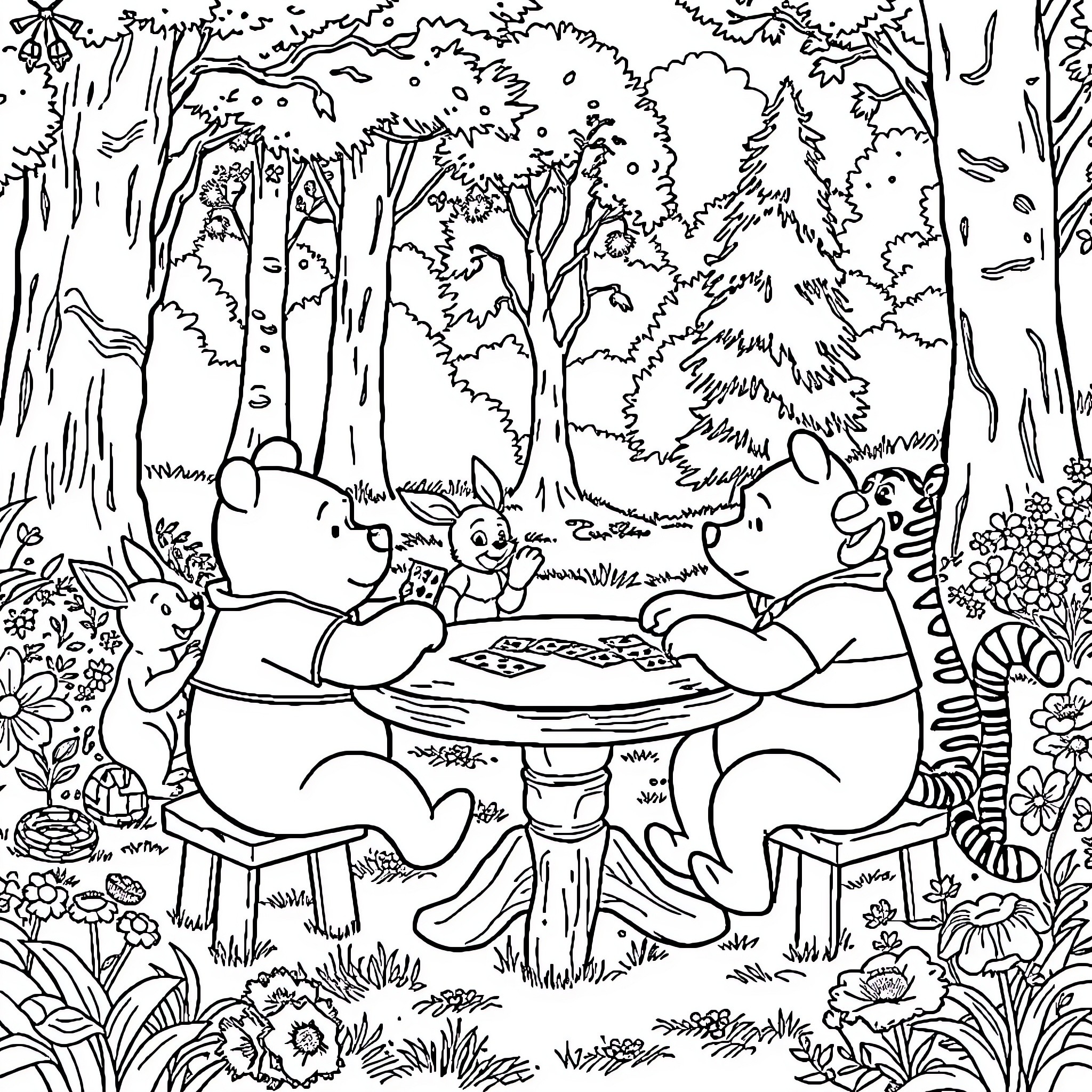 Winnie The Pooh and Friends Picnicking in the Enchanted Forest Coloring Page (free black-and-white line drawing printable PDF for all, from beginners to advanced learners, including children, teens, adults, and seniors)