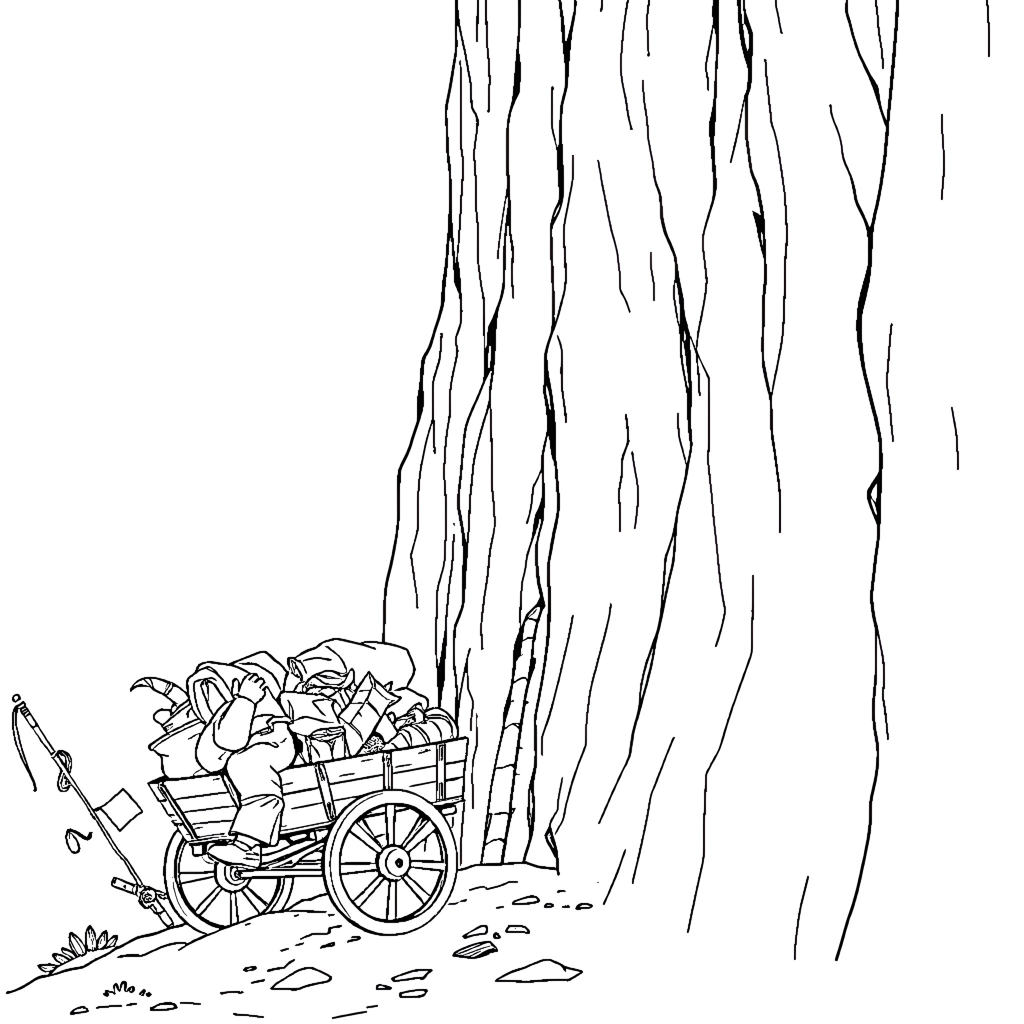 Climber resting in wagon in forest Coloring Page (free black-and-white line drawing printable PDF for all, from beginners to advanced learners, including children, teens, adults, and seniors)