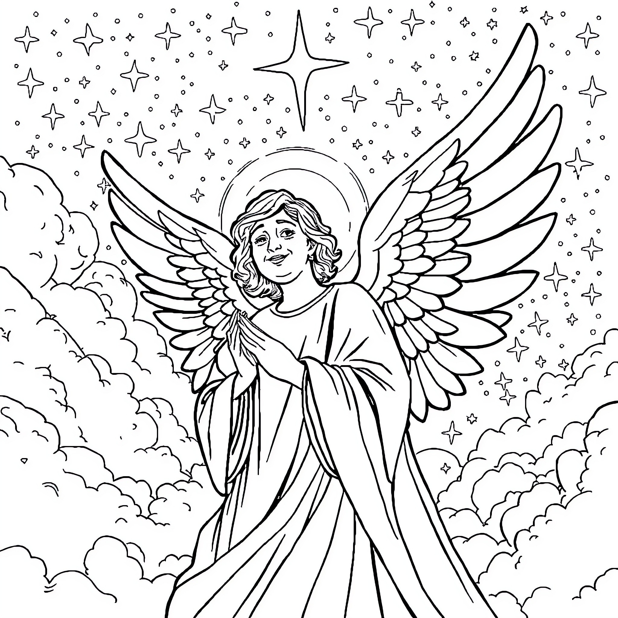 Angel in Celestial Splendor Coloring Page (free black-and-white line drawing printable PDF for all, from beginners to advanced learners, including children, teens, adults, and seniors)