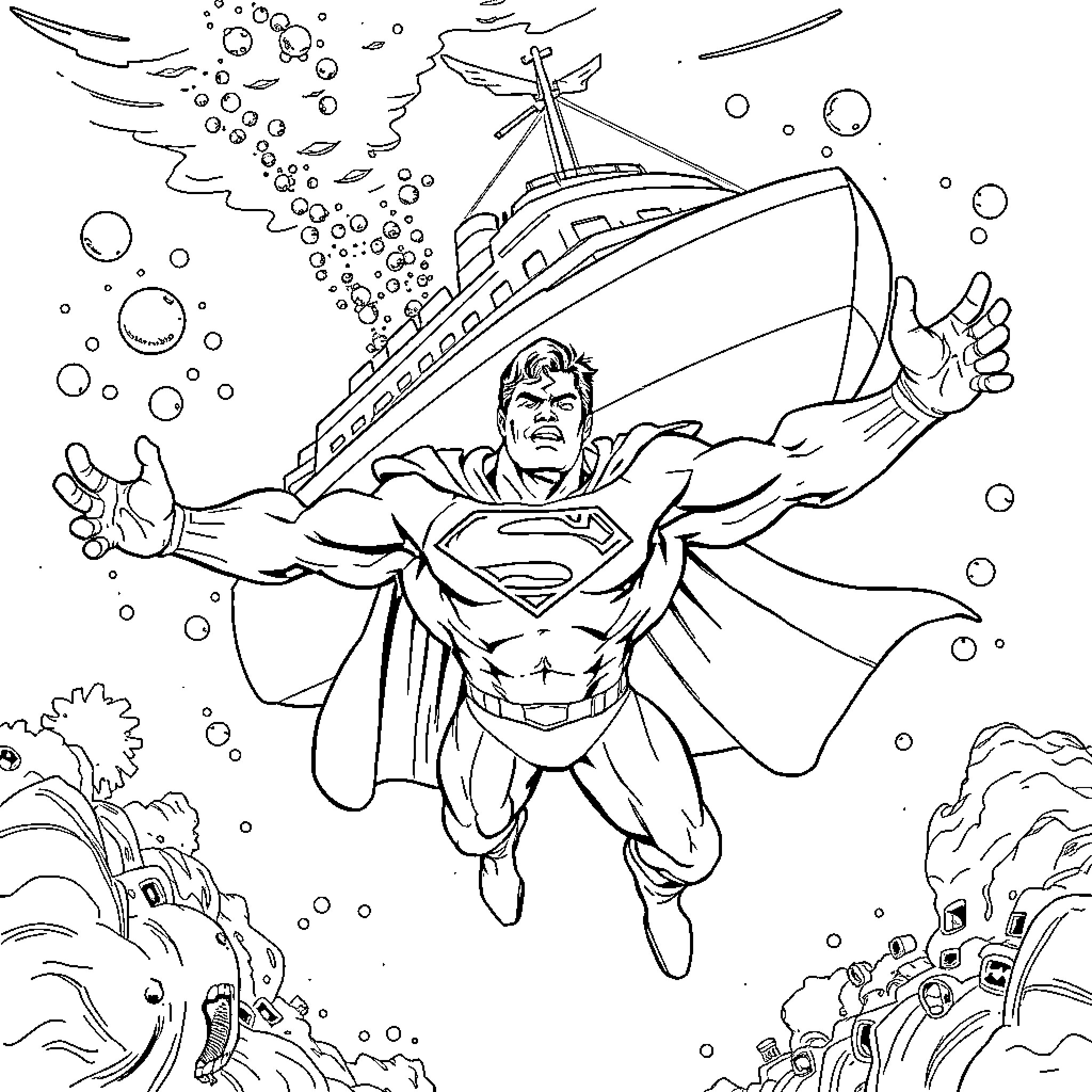 Superman soaring through the skies over an underwater scene Coloring Page (free black-and-white line drawing printable PDF for all, from beginners to advanced learners, including children, teens, adults, and seniors)
