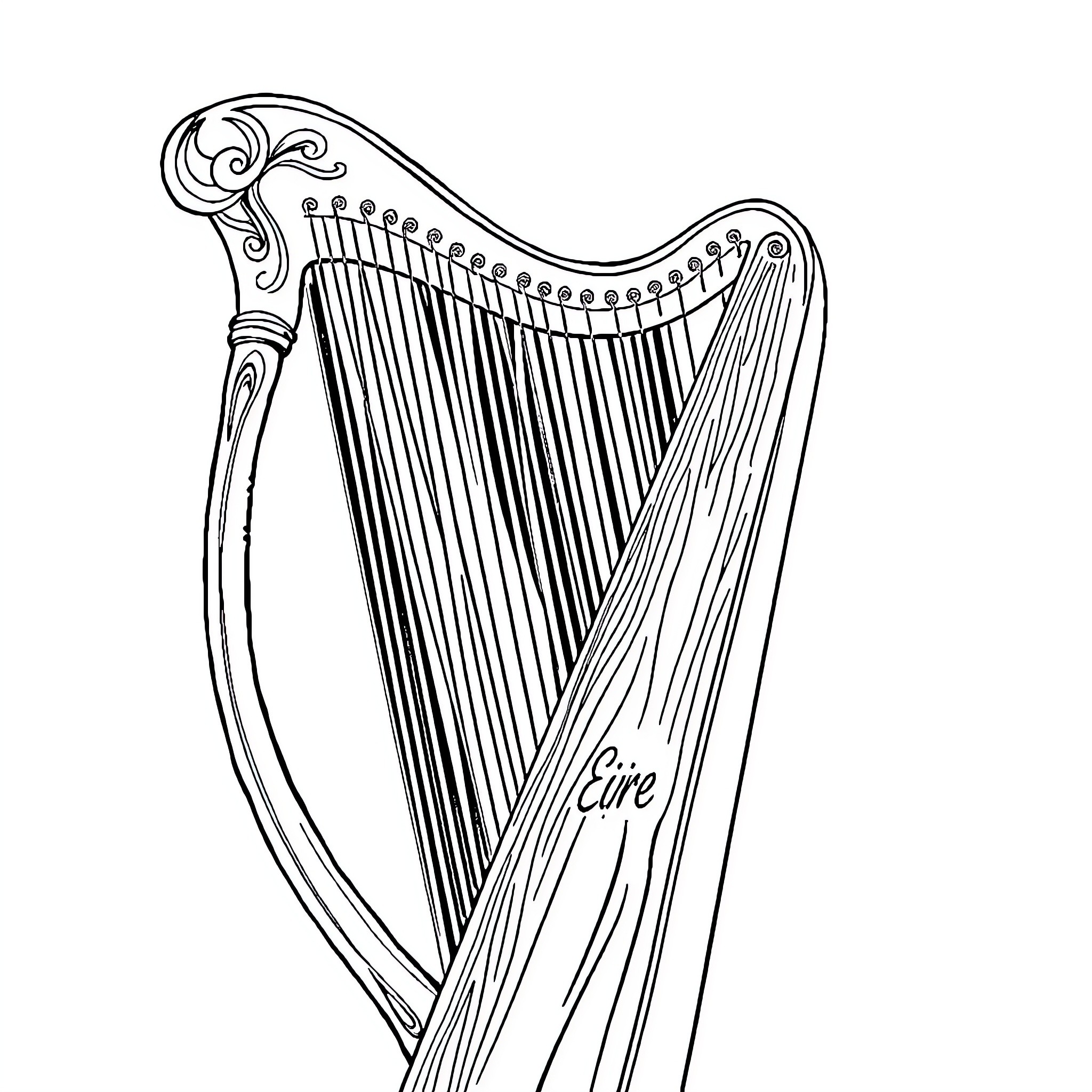 Harp with ornate design and strings Coloring Page (free black-and-white line drawing printable PDF for all, from beginners to advanced learners, including children, teens, adults, and seniors)